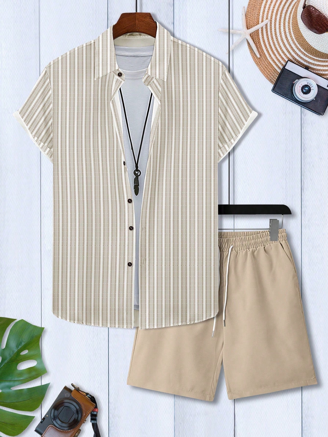 Conjunto Masculino Camisa Listrada Manga Curta E Bermuda Casual Conjunto Masculino Camisa Listrada Manga Curta E