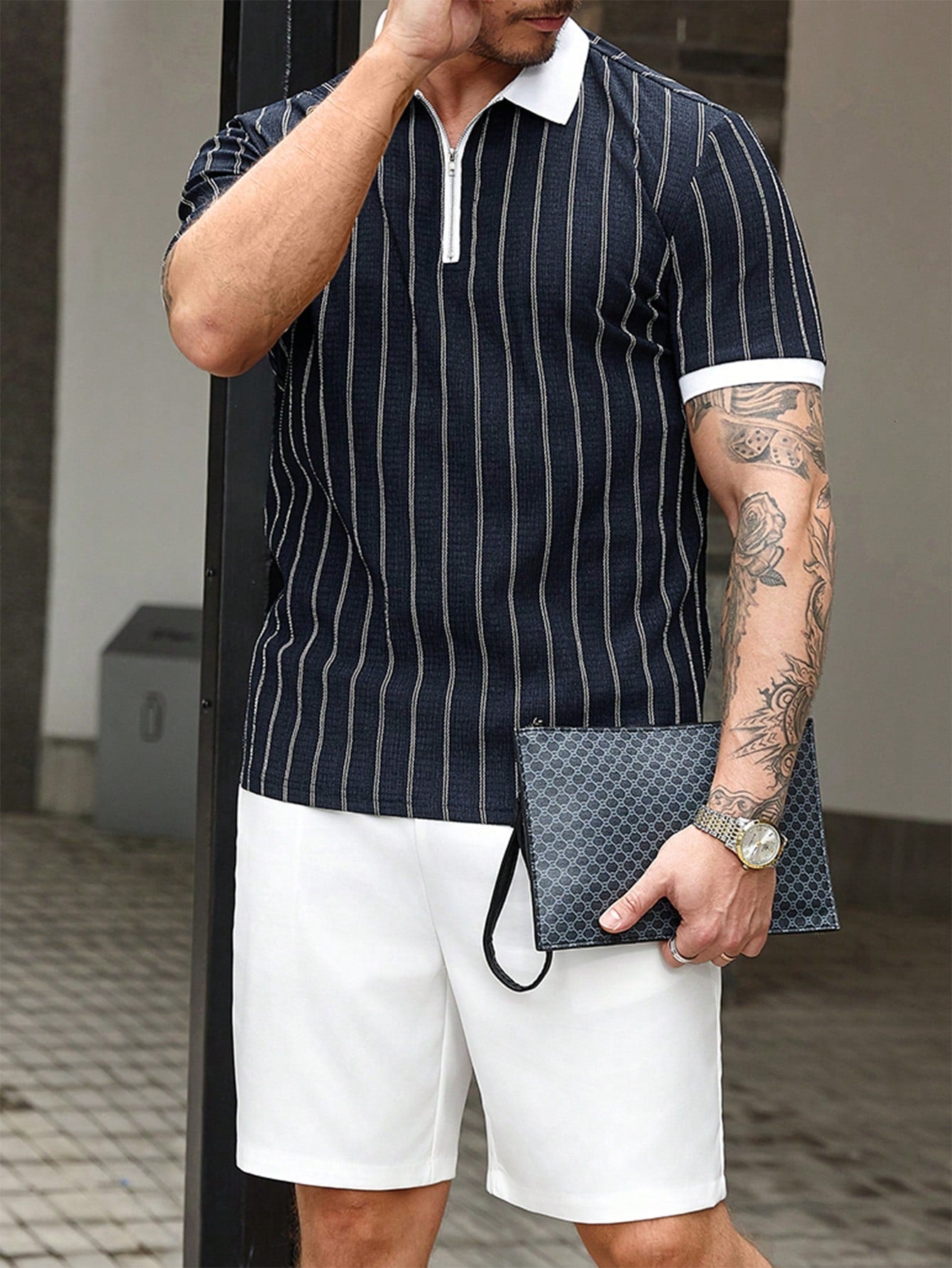 Conjunto Masculino Polo Jacquard Gola Contrastante E Shorts Casuais Preto / PP Conjunto Masculino Polo Jacquard Gola