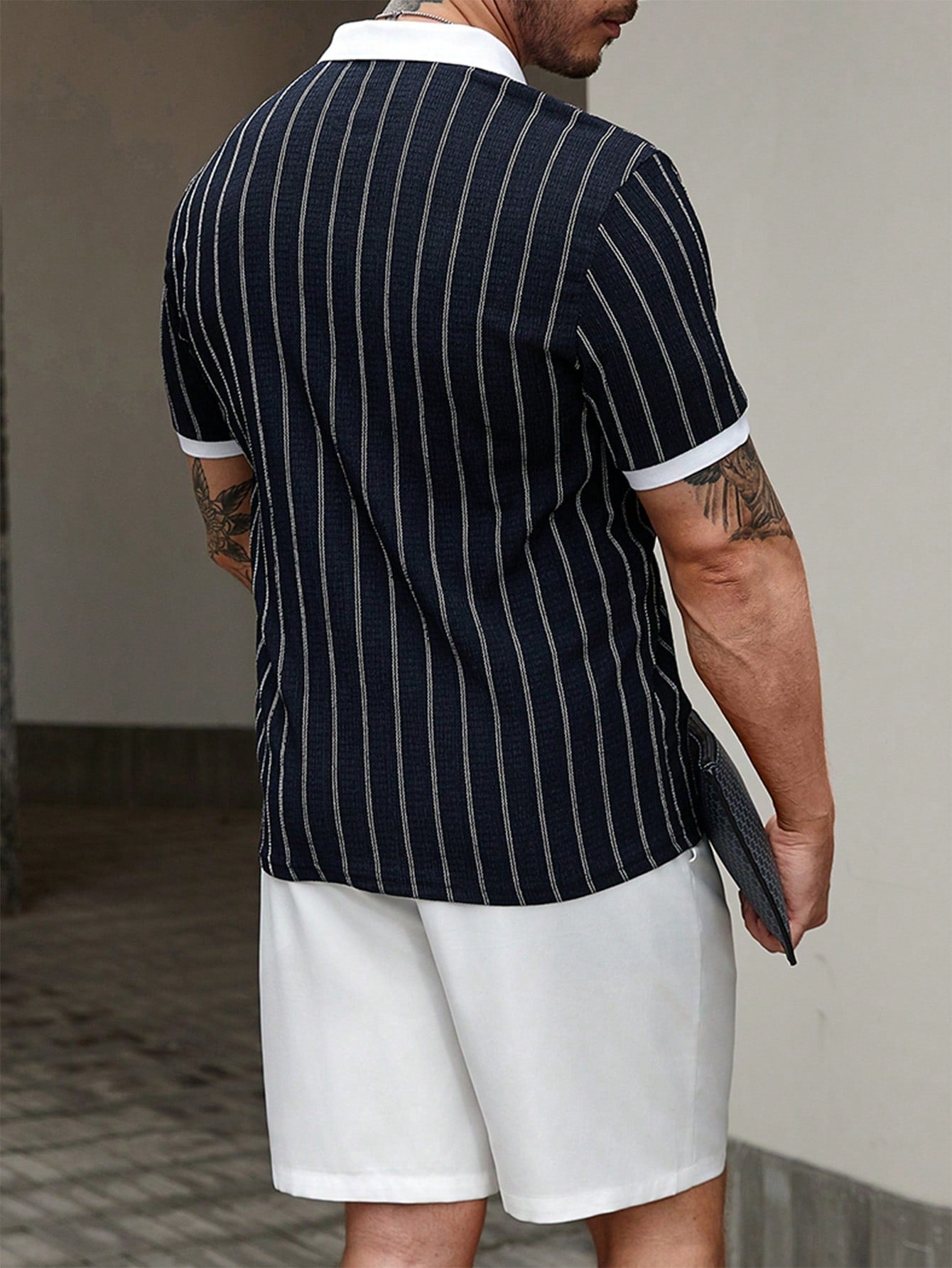 Conjunto Masculino Polo Jacquard Gola Contrastante E Shorts Casuais Conjunto Masculino Polo Jacquard Gola Contrastante