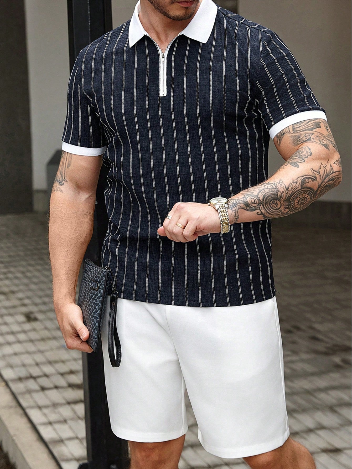 Conjunto Masculino Polo Jacquard Gola Contrastante E Shorts Casuais Conjunto Masculino Polo Jacquard Gola Contrastante