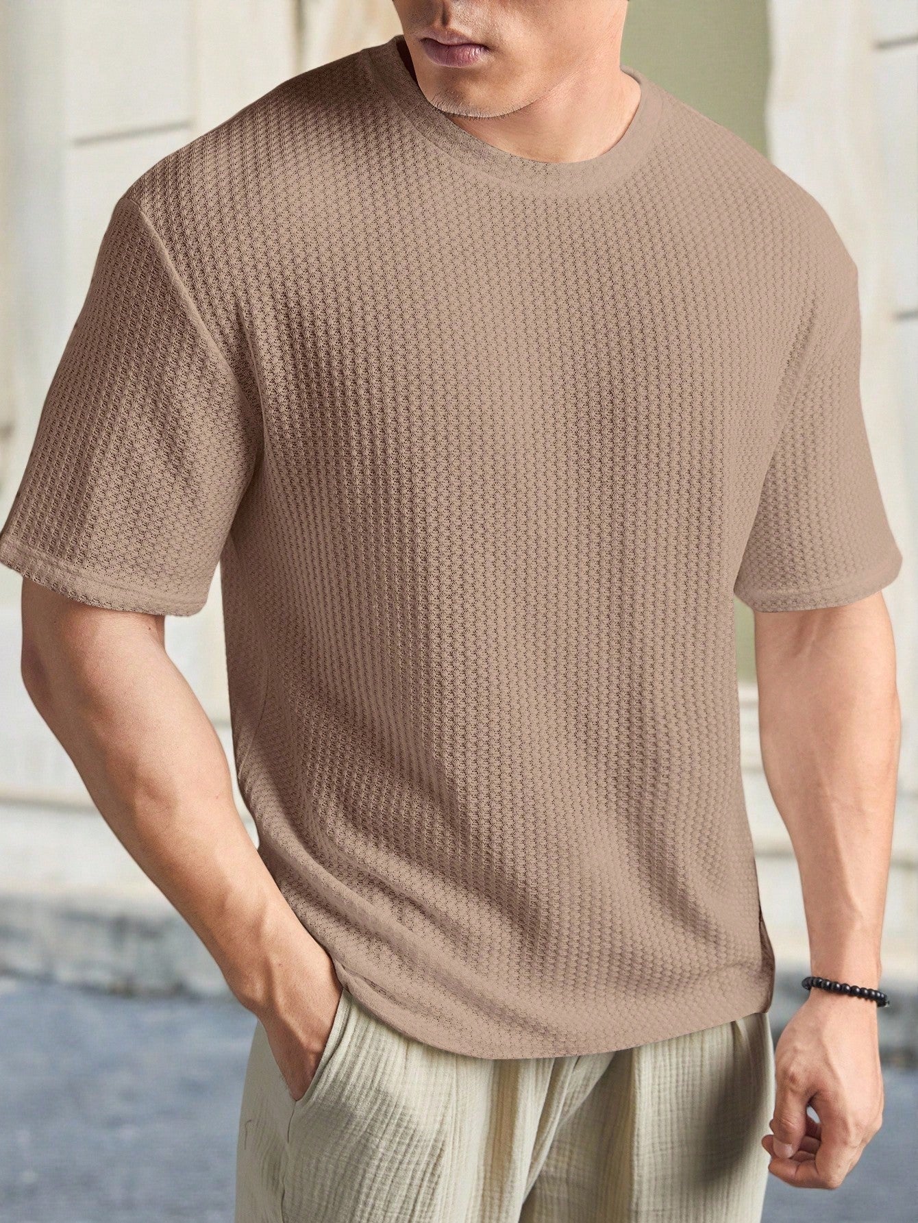 Camiseta Masculina Tricotada Textura Waffle Para Verão Camiseta Masculina Tricotada Textura Waffle Para Verão