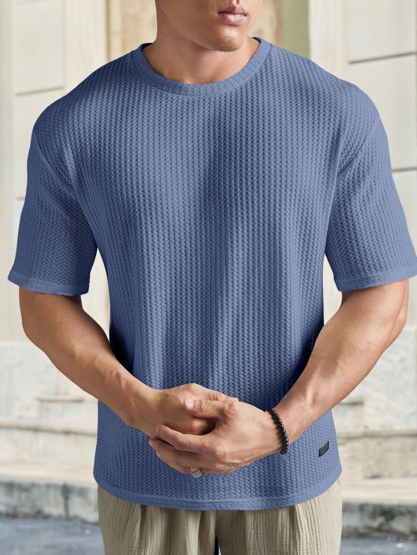 Camiseta Masculina Tricotada Textura Waffle Para Verão Azul / PP Camiseta Masculina Tricotada Textura Waffle Para Verão