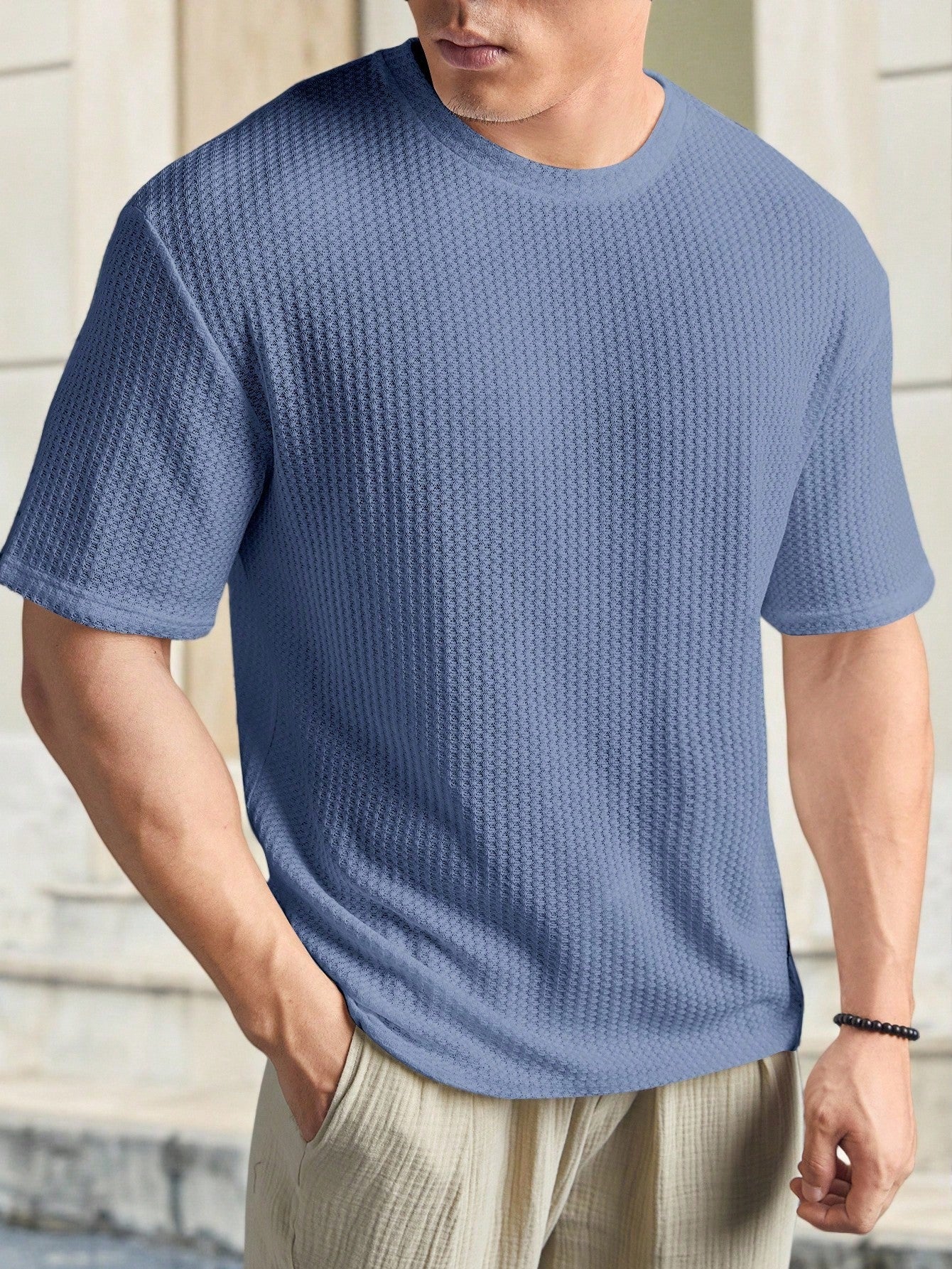 Camiseta Masculina Tricotada Textura Waffle Para Verão Camiseta Masculina Tricotada Textura Waffle Para Verão