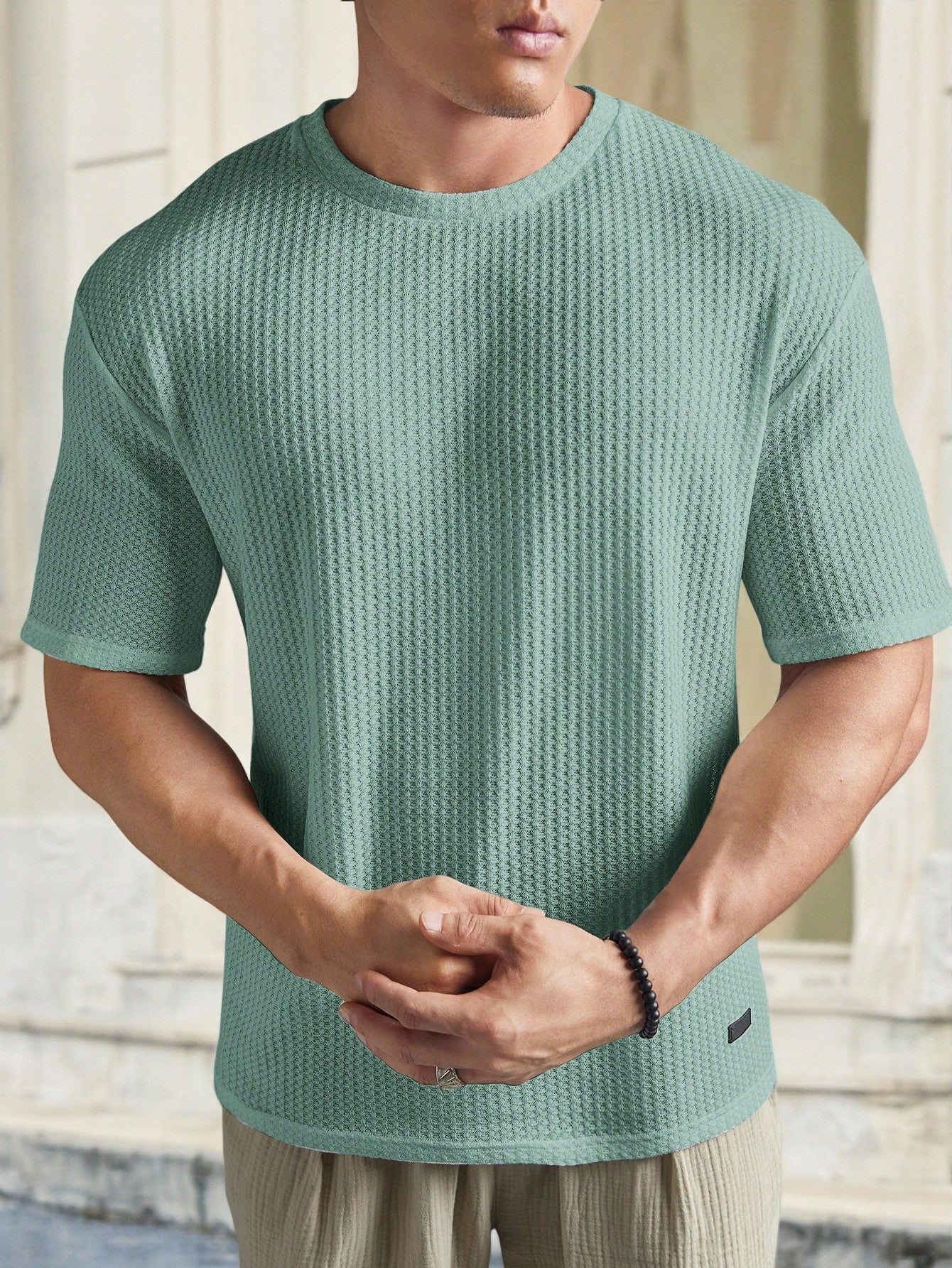 Camiseta Masculina Tricotada Textura Waffle Para Verão Verde Menta / PP Camiseta Masculina Tricotada Textura Waffle