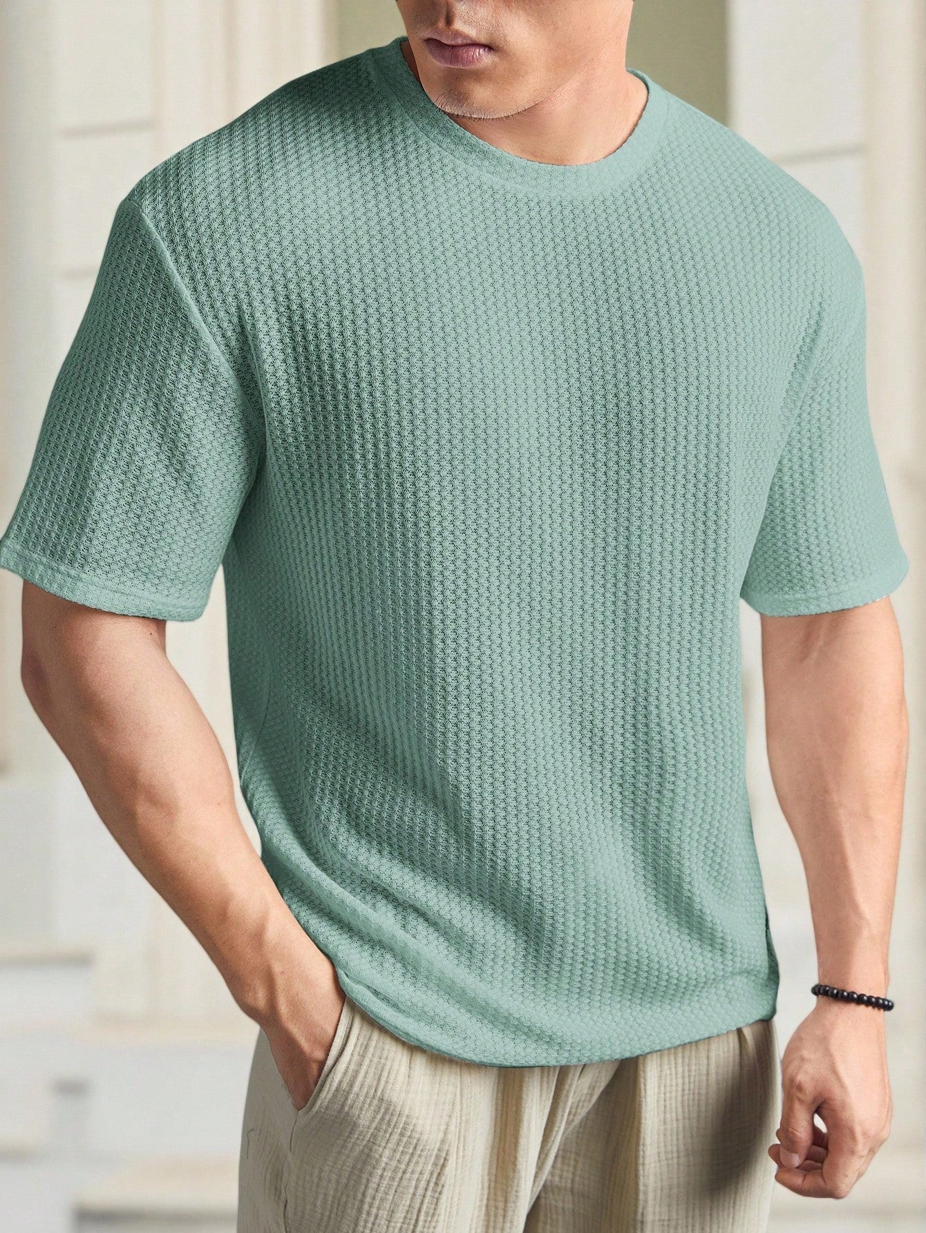 Camiseta Masculina Tricotada Textura Waffle Para Verão Camiseta Masculina Tricotada Textura Waffle Para Verão