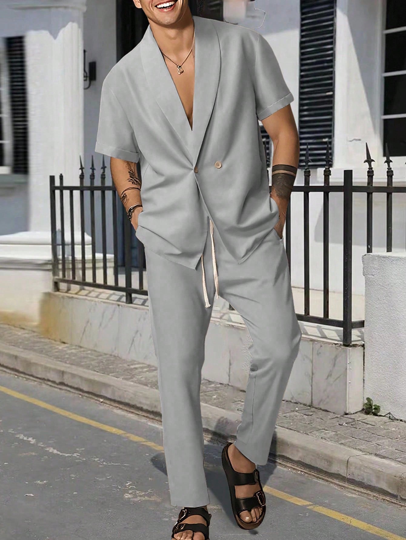 Conjunto Masculino Camisa Lisa Manga Curta E Calça Casual Cinza Claro / PP Conjunto Masculino Camisa Lisa Manga Curta E