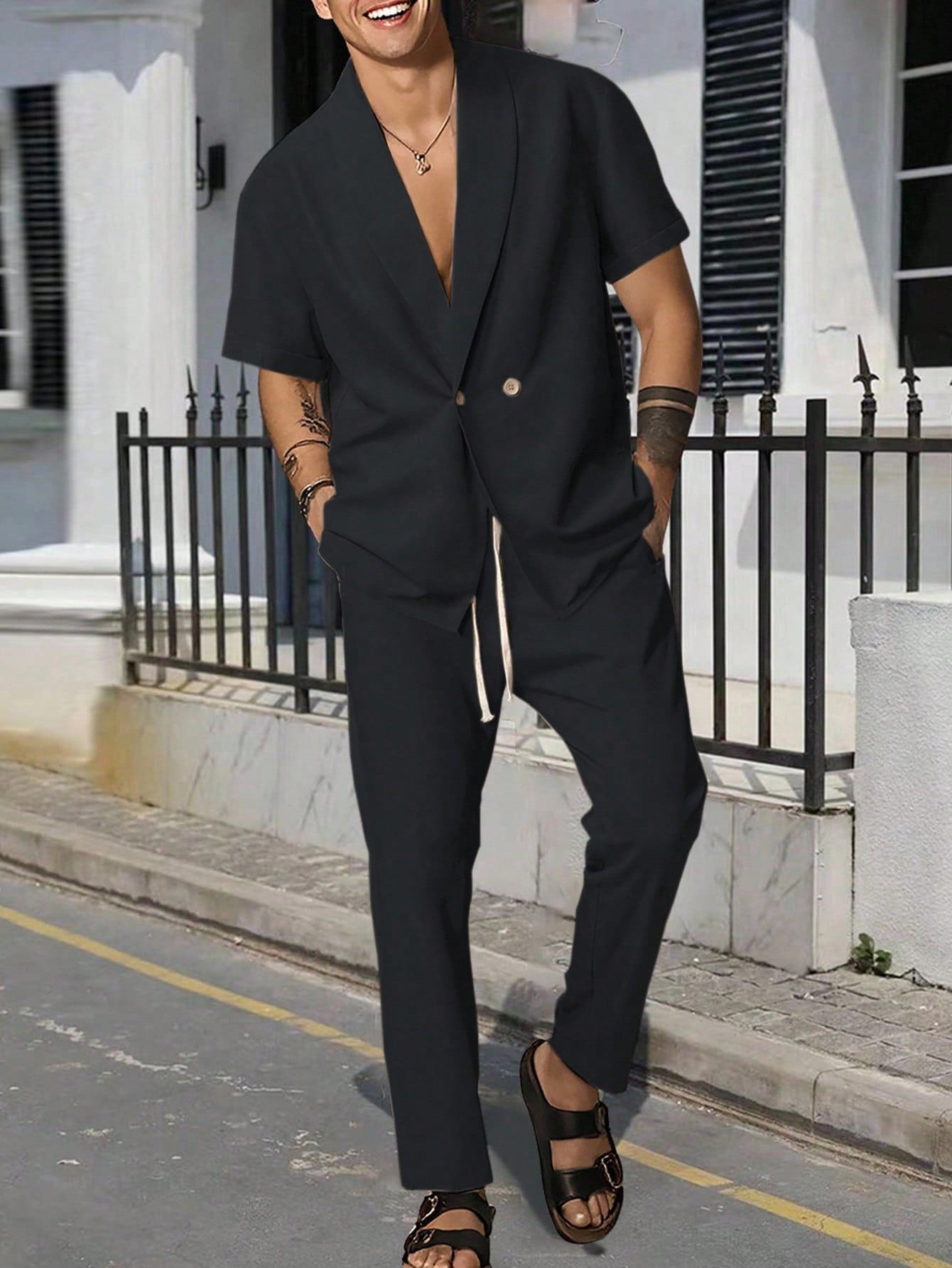 Conjunto Masculino Camisa Lisa Manga Curta E Calça Casual Preto / PP Conjunto Masculino Camisa Lisa Manga Curta E Calça