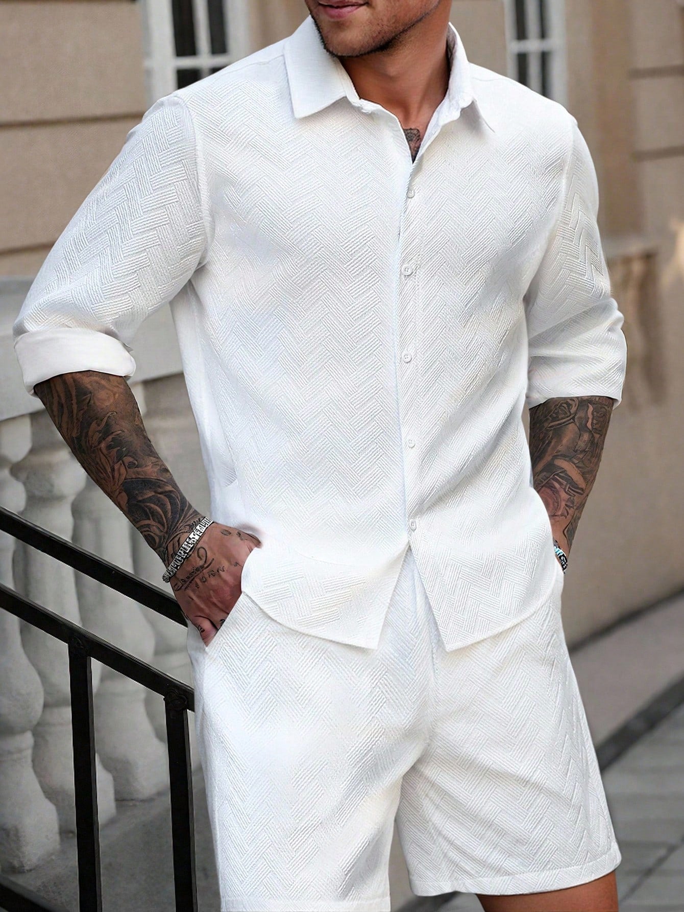 Conjunto Masculino Camisa Manga Longa Gola Reta E Shorts Casuais Branco / PP Conjunto Masculino Camisa Manga Longa Gola