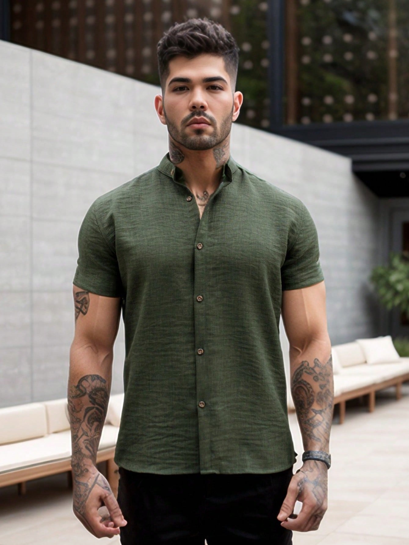 Camisa Masculina Gola Padre Slim Caimento Impecável Verde Militar / PP Camisa Masculina Gola Padre Slim Caimento