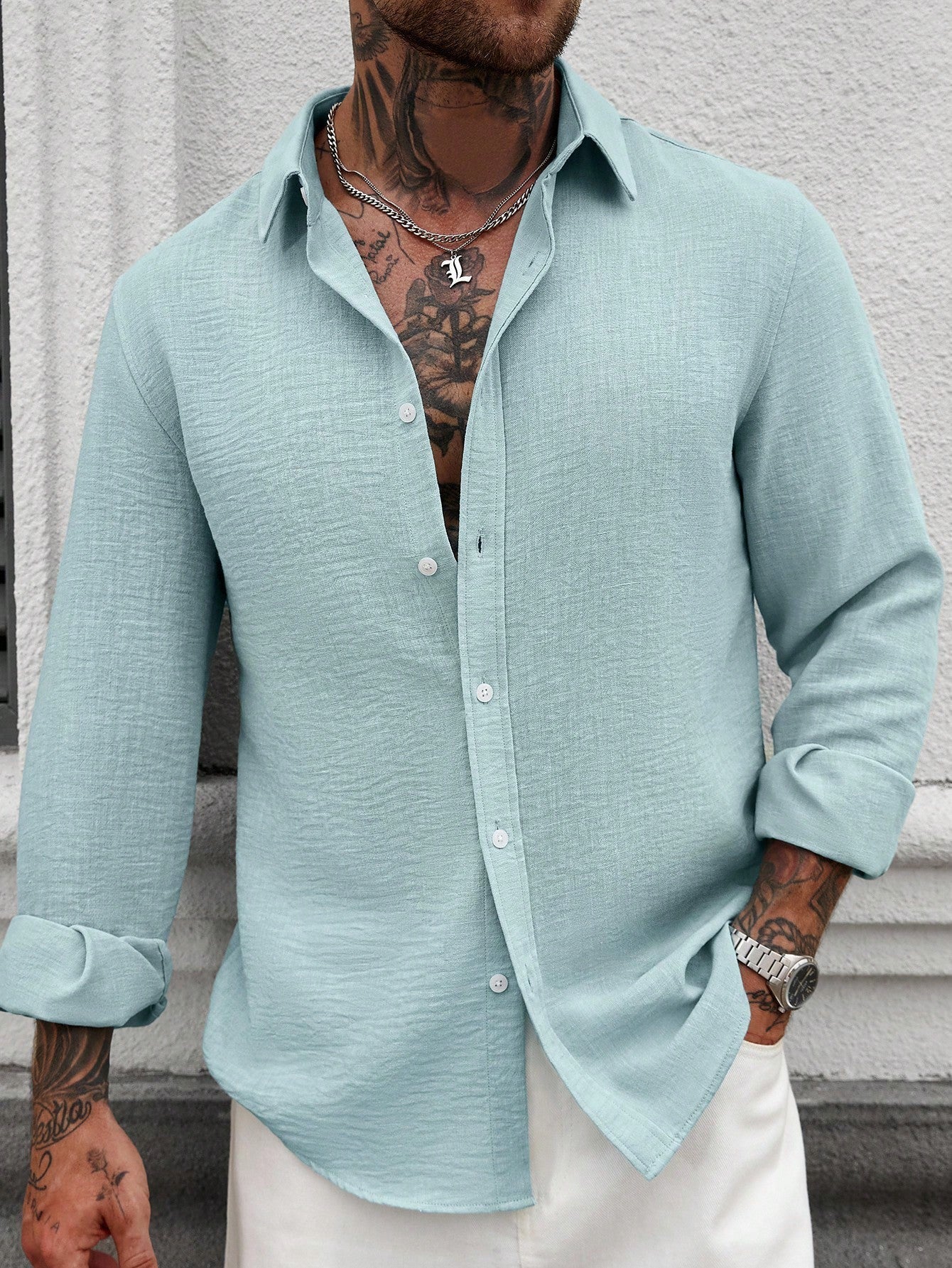 Camisa Masculina De Botão Manga Longa Caimento Relaxado Verde Menta / PP Camisa Masculina De Botão Manga Longa Caimento