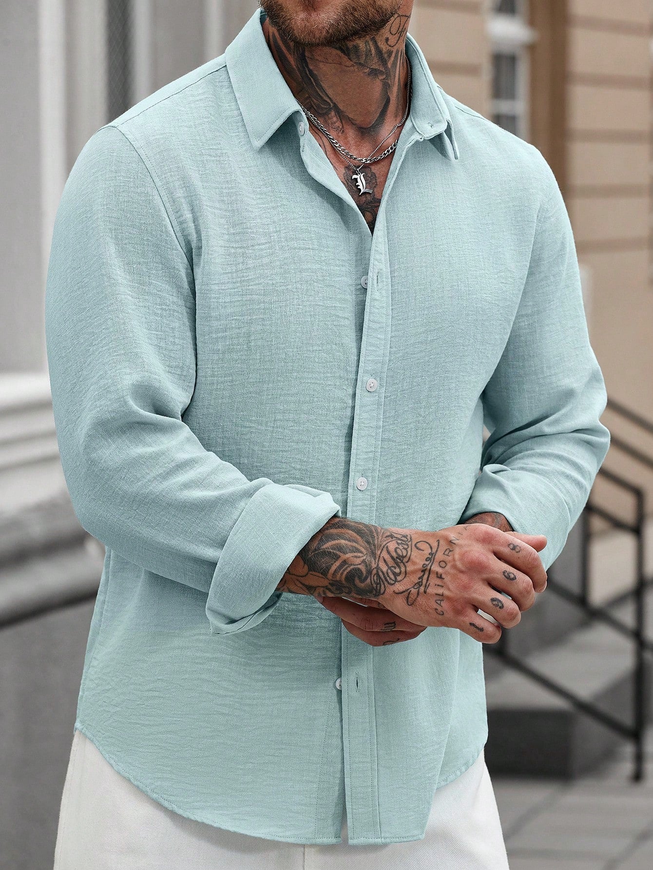 Camisa Masculina De Botão Manga Longa Caimento Relaxado Camisa Masculina De Botão Manga Longa Caimento Relaxado