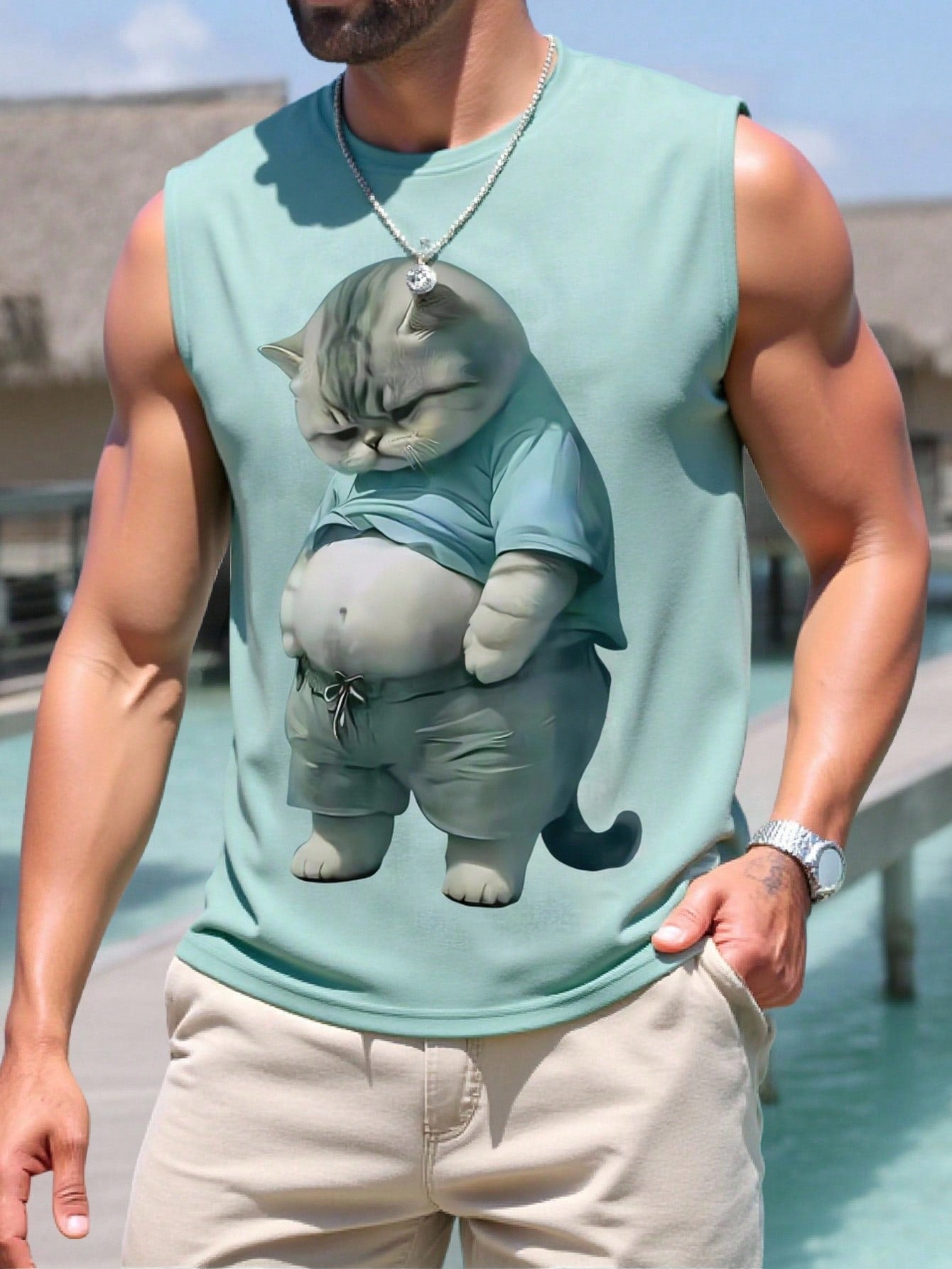 Camiseta Regata Masculina Estampa De Gato Estilo Holiday Azul Bebê / PP Camiseta Regata Masculina Estampa De Gato