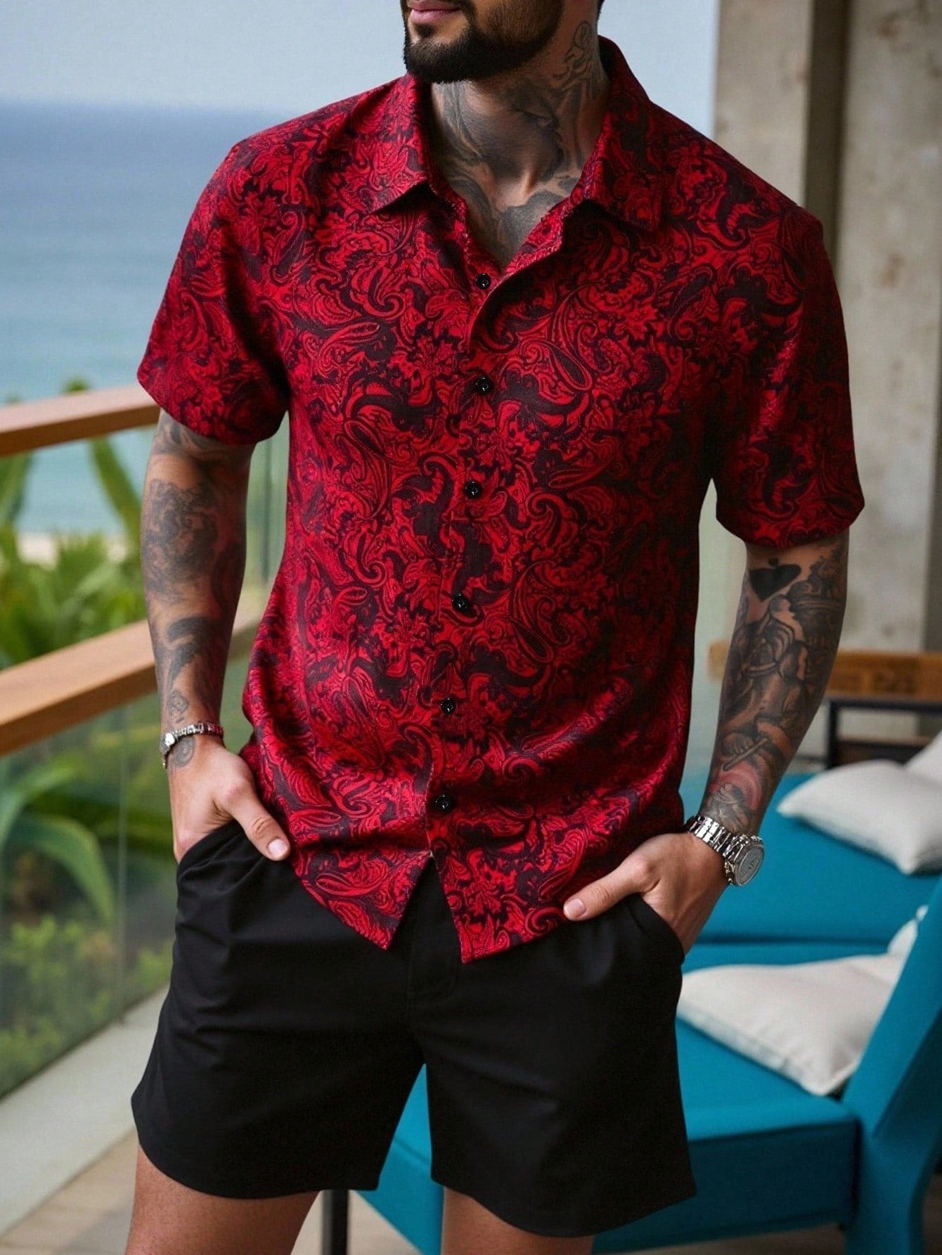 Conjunto Masculino Camisa Manga Curta E Shorts Estampa Paisley Conjunto Masculino Camisa Manga Curta E Shorts Estampa