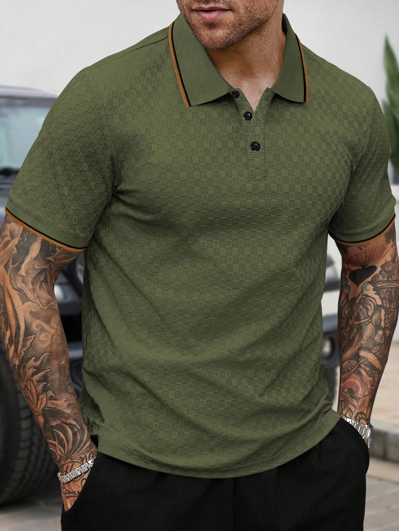 Camisa Polo Masculina Casual Detalhe Color Block Botões Verde Militar / PP Camisa Polo Masculina Casual Detalhe Color