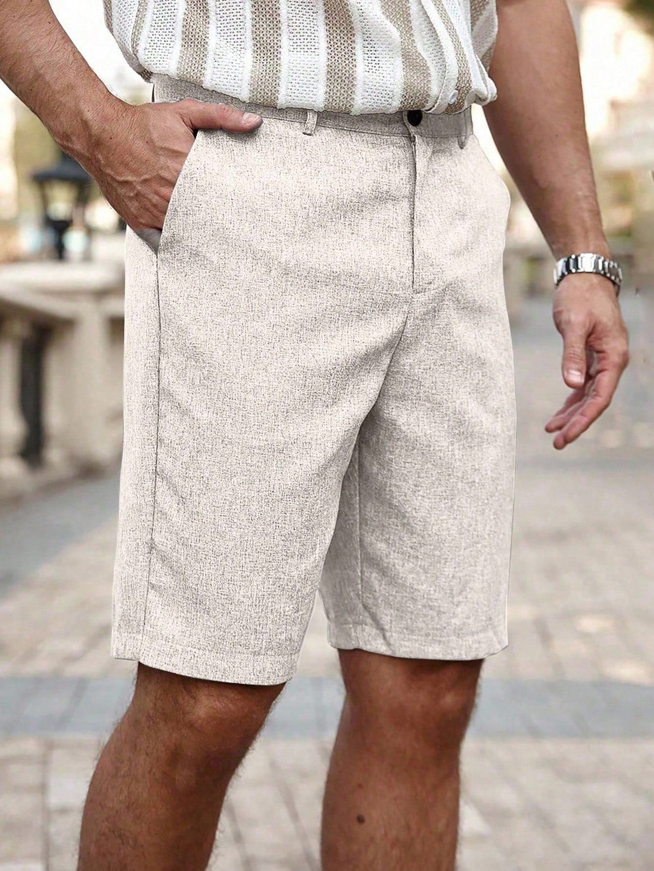 Shorts Masculino Linho Com Bolsos Diagonais E Caimento Solto Shorts Masculino Casual Com Bolsos Laterais E Cós De