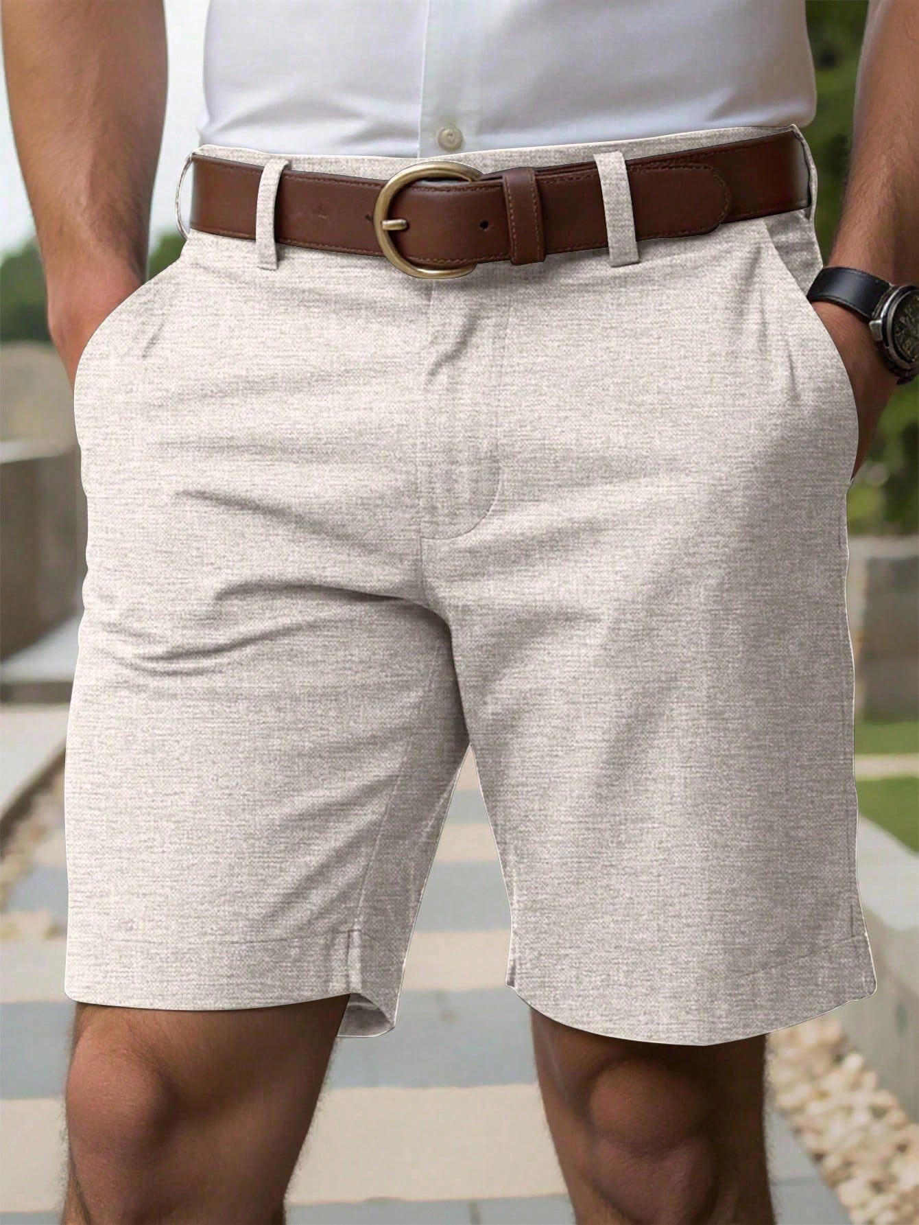 Shorts Masculino Linho Com Bolsos Diagonais E Caimento Solto Shorts Masculino Casual Com Bolsos Laterais E Cós De