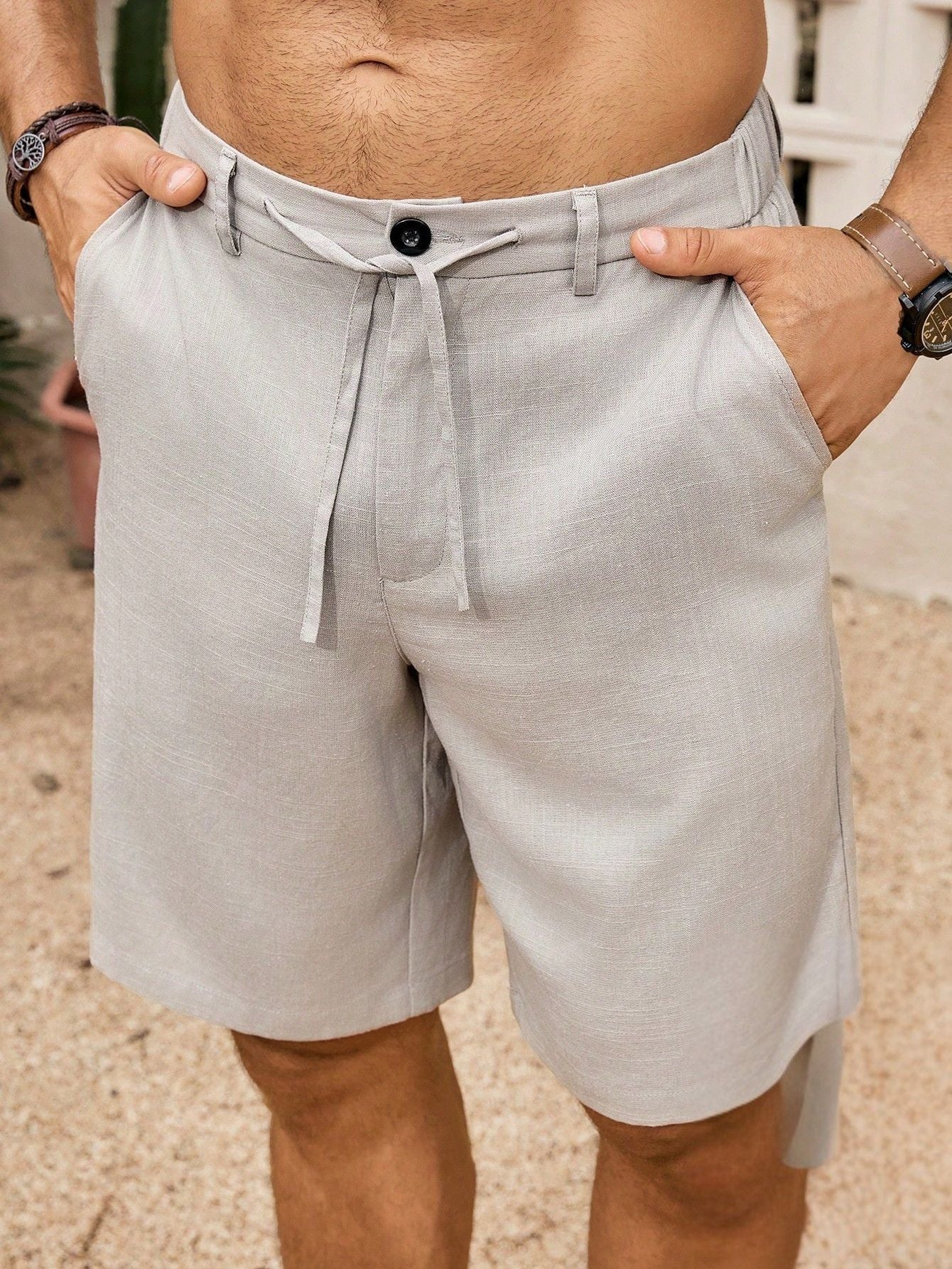 Bermuda Masculina De Linho Com Cintura Ajustável Elegante Bege / PP Bermuda Masculina De Linho Com Cintura Ajustável