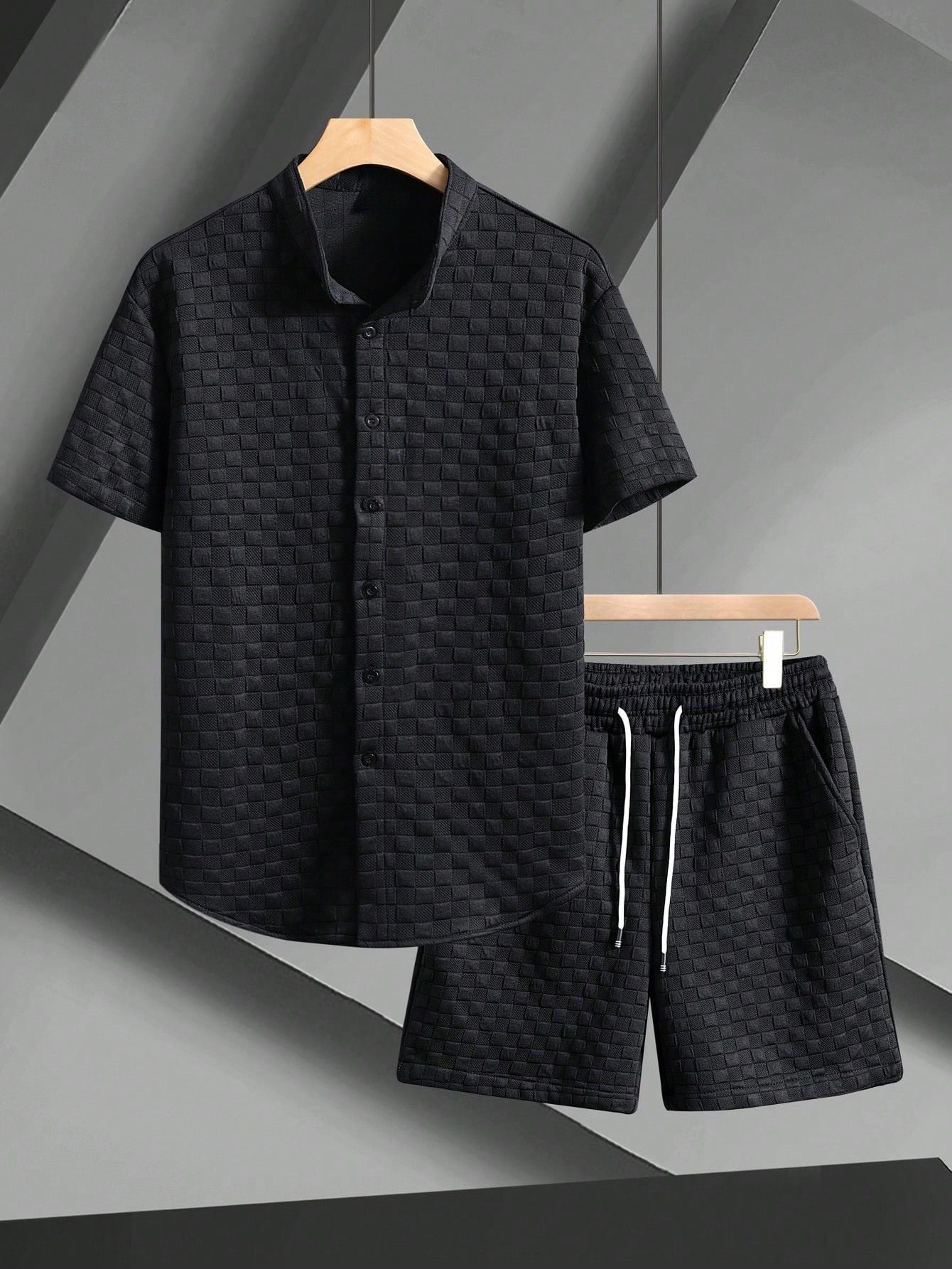 Conjunto Masculino Camisa Texturizada E Shorts Confortáveis Preto / PP Conjunto Masculino Camisa Texturizada E Shorts