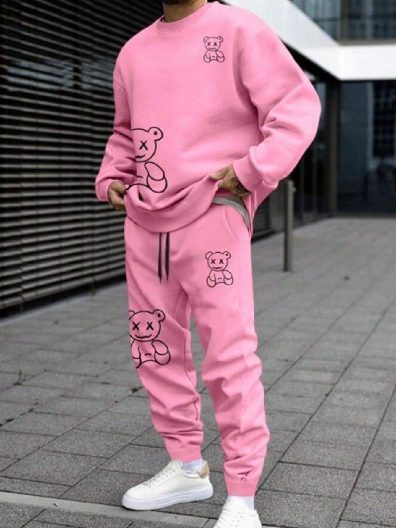 Conjunto Masculino Moletom Estampa Ursinho Estilo Divertido Rosa / PP Conjunto Masculino Moletom Estampa Ursinho Estilo