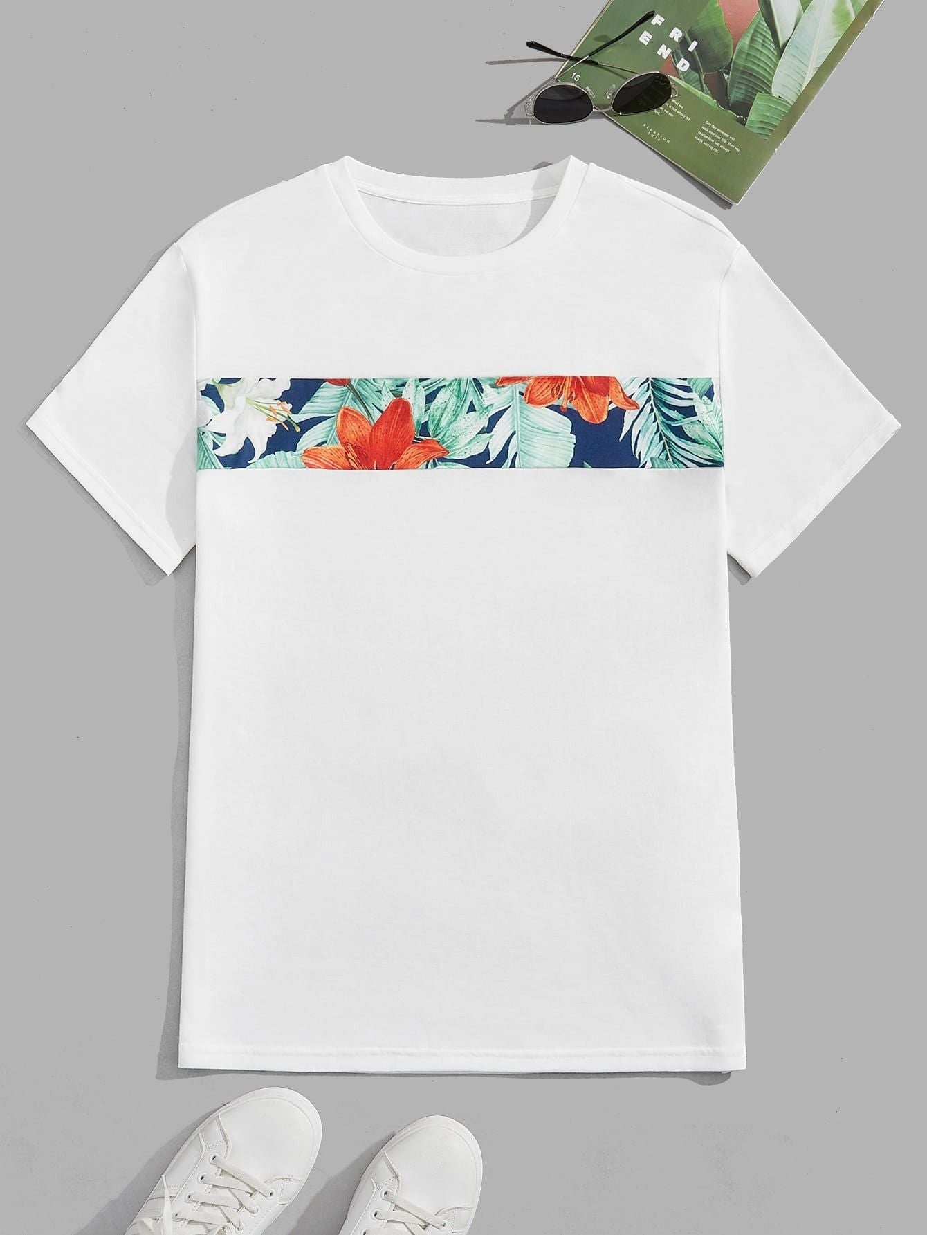 Camiseta Masculina Estampa Floral Na Faixa Frontal Branco / PP Camiseta Masculina Estampa Floral Na Faixa Frontal