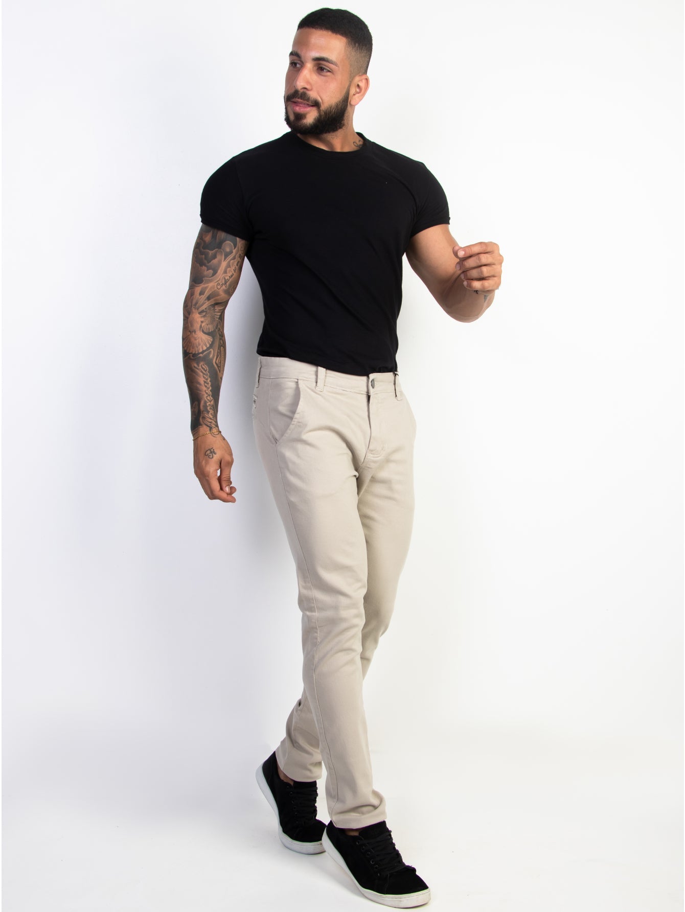 Calça Masculina Jeans Slim Fit Costura Contrastante E Lavagem Atual Bege / PP Calça Masculina Jeans Slim Fit Costura