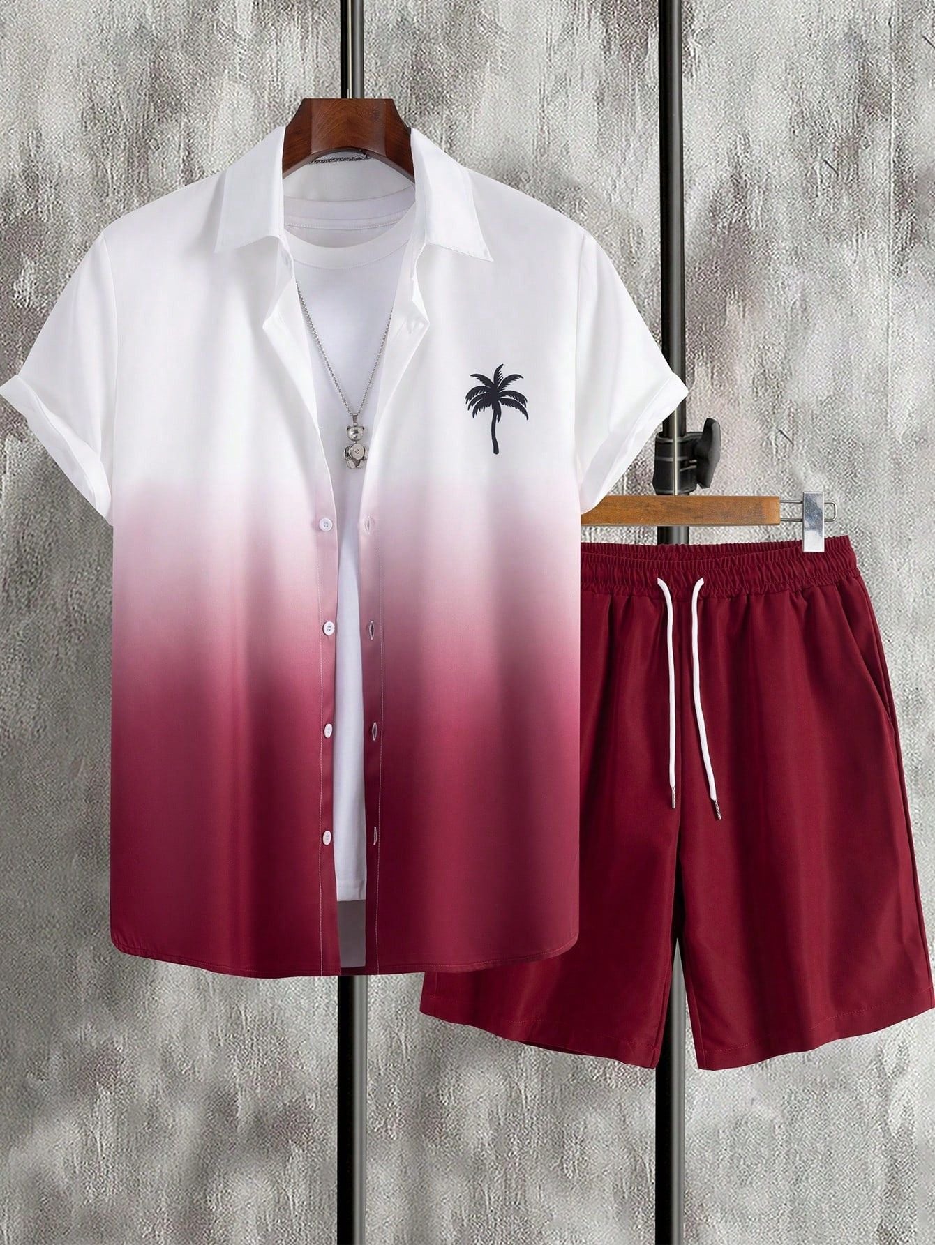 Conjunto Masculino Camisa Manga Curta Estampa Ombre E Shorts Casuais Vinho / PP Conjunto Masculino Camisa Manga Curta
