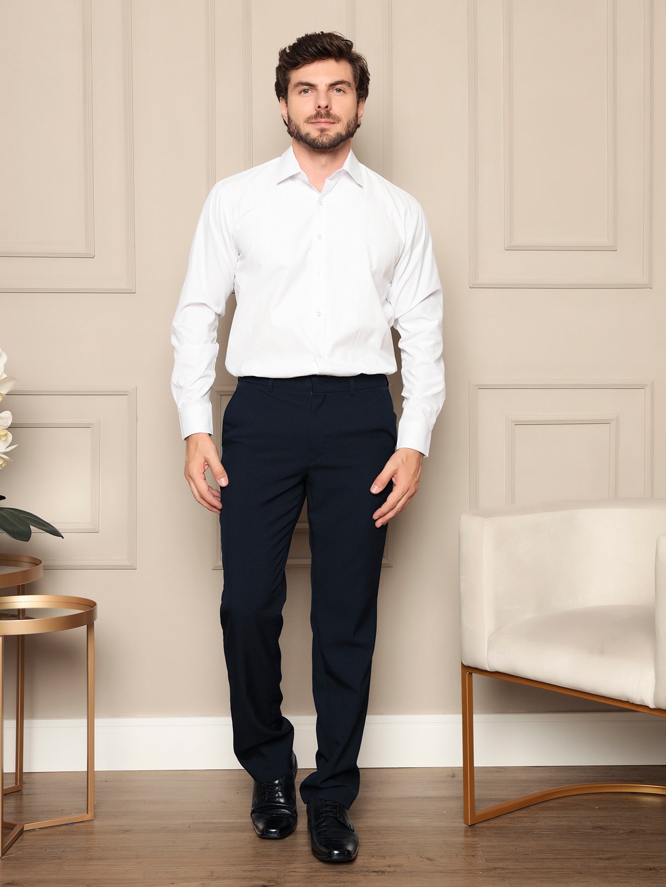 Calça Masculina Social Slim Fit Com Cós E Bolso Lateral Azul Marinho / PP Calça Masculina Social Slim Fit Com Cós E