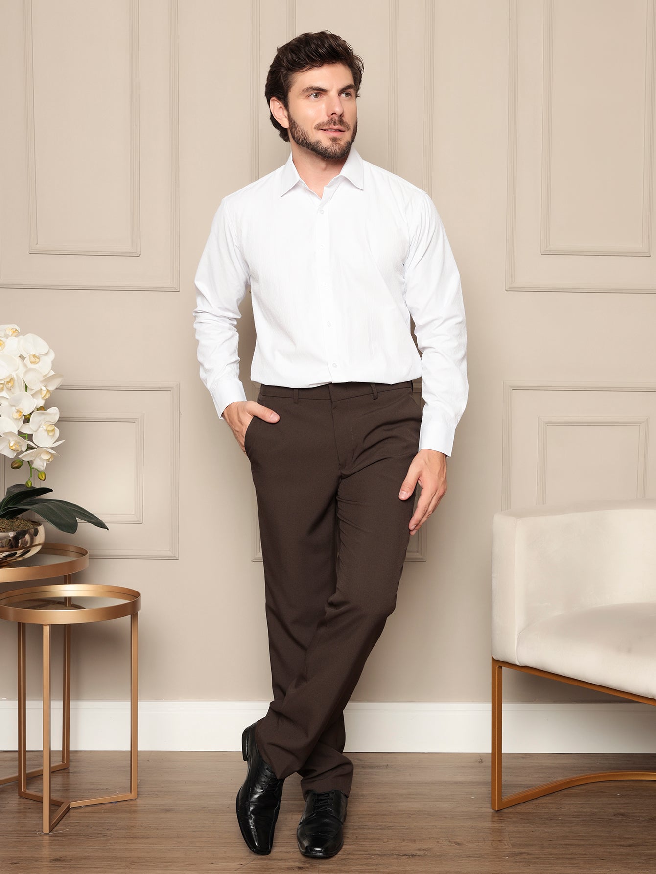 Calça Masculina Social Slim Fit Com Cós E Bolso Lateral Café / PP Calça Masculina Social Slim Fit Com Cós E Bolso