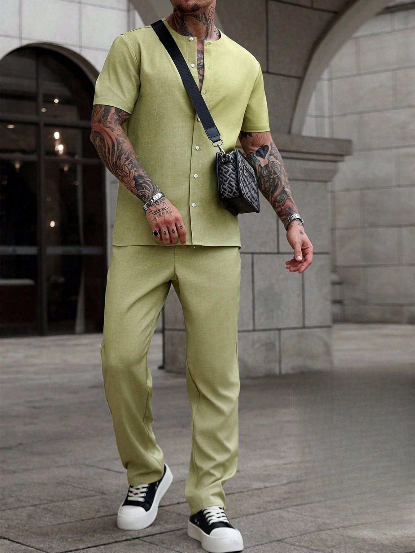 Conjunto Masculino Camisa Gola Padre E Calça Texturizada Verde / PP Conjunto Masculino Camisa Gola Padre E Calça