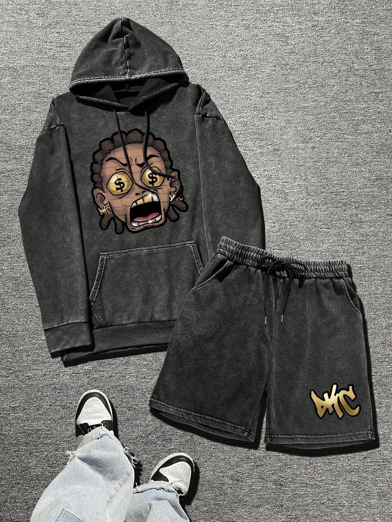 Conjunto Masculino Moletom Estampa Cartoon E Shorts Estilo Street Preto / PP Conjunto Masculino Moletom Estampa Cartoon