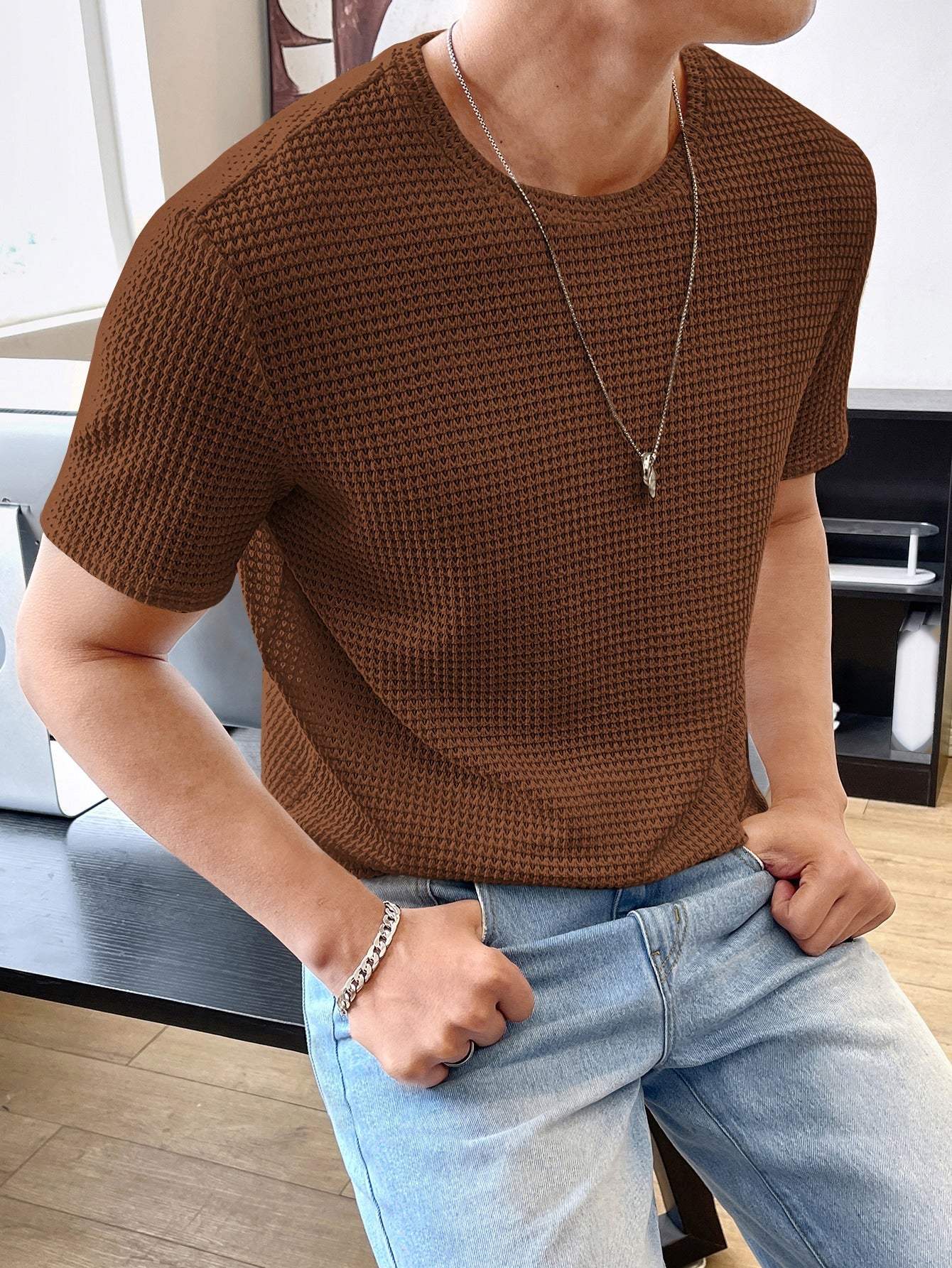 Camisa Masculina Slim Textura Elegante Moderna Café / PP Camisa Masculina Slim Textura Elegante Moderna