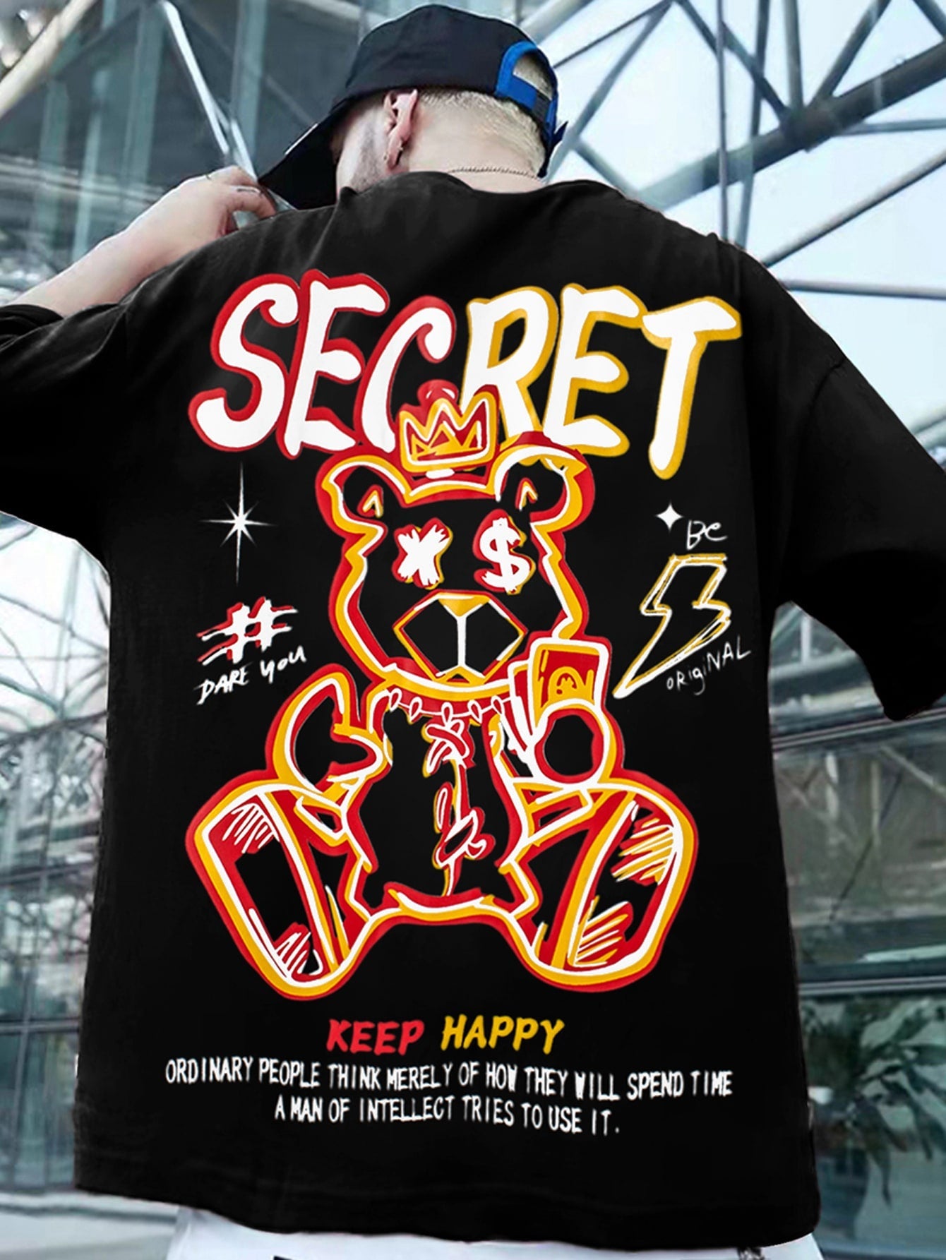 Camiseta Masculina Estampa Cartoon Slogan Moderno Preto / PP Camiseta Masculina Estampa Cartoon Slogan Moderno