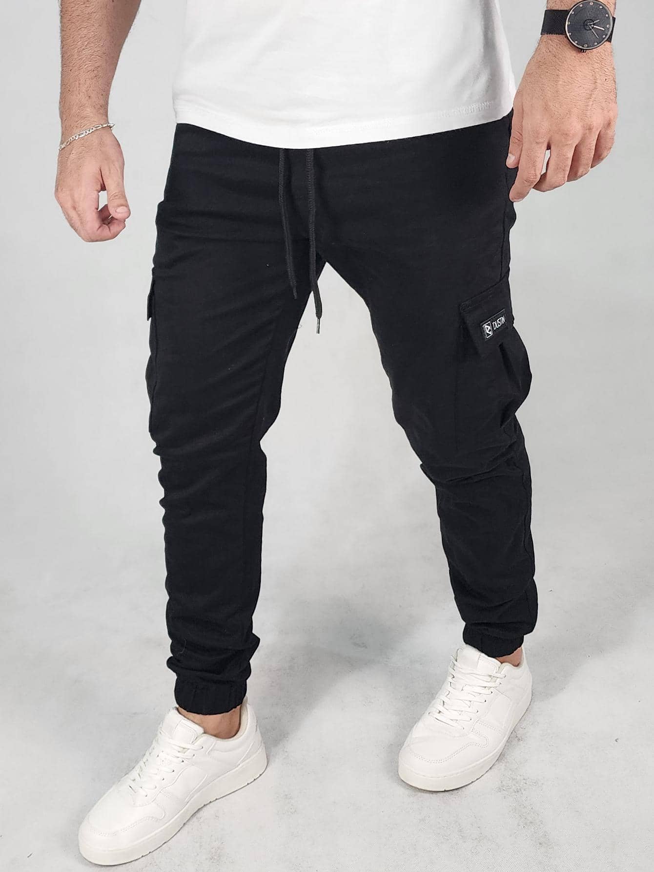 Calça Masculina Jogger Com Bolsos E Cós Ajustável Preto / PP Calça Masculina Cargo Com Correntes E Estilo Streetwear
