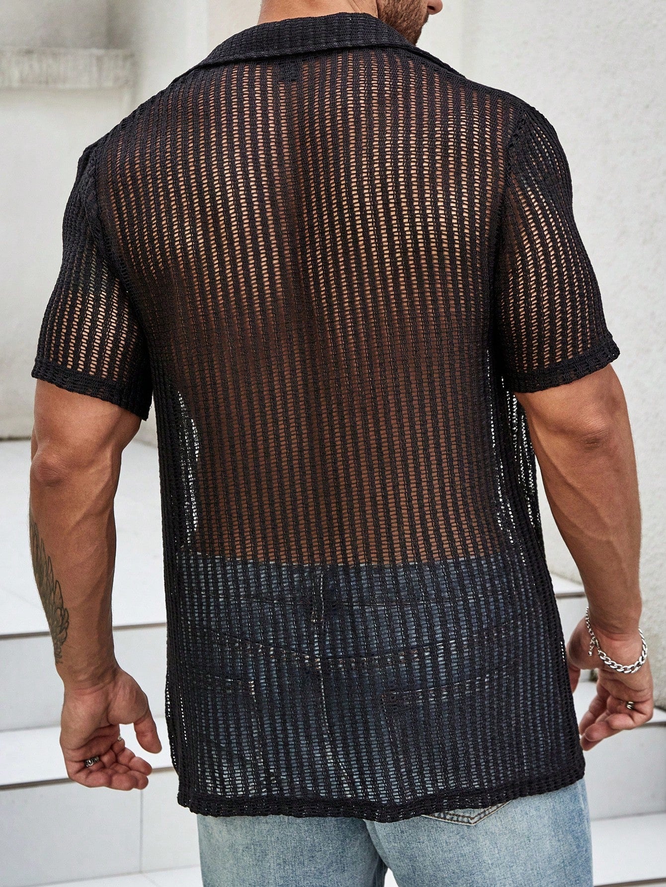 Camisa Masculina De Botão Transparente Trama Vazada Casual Camisa Masculina De Botão Transparente Trama Vazada Casual