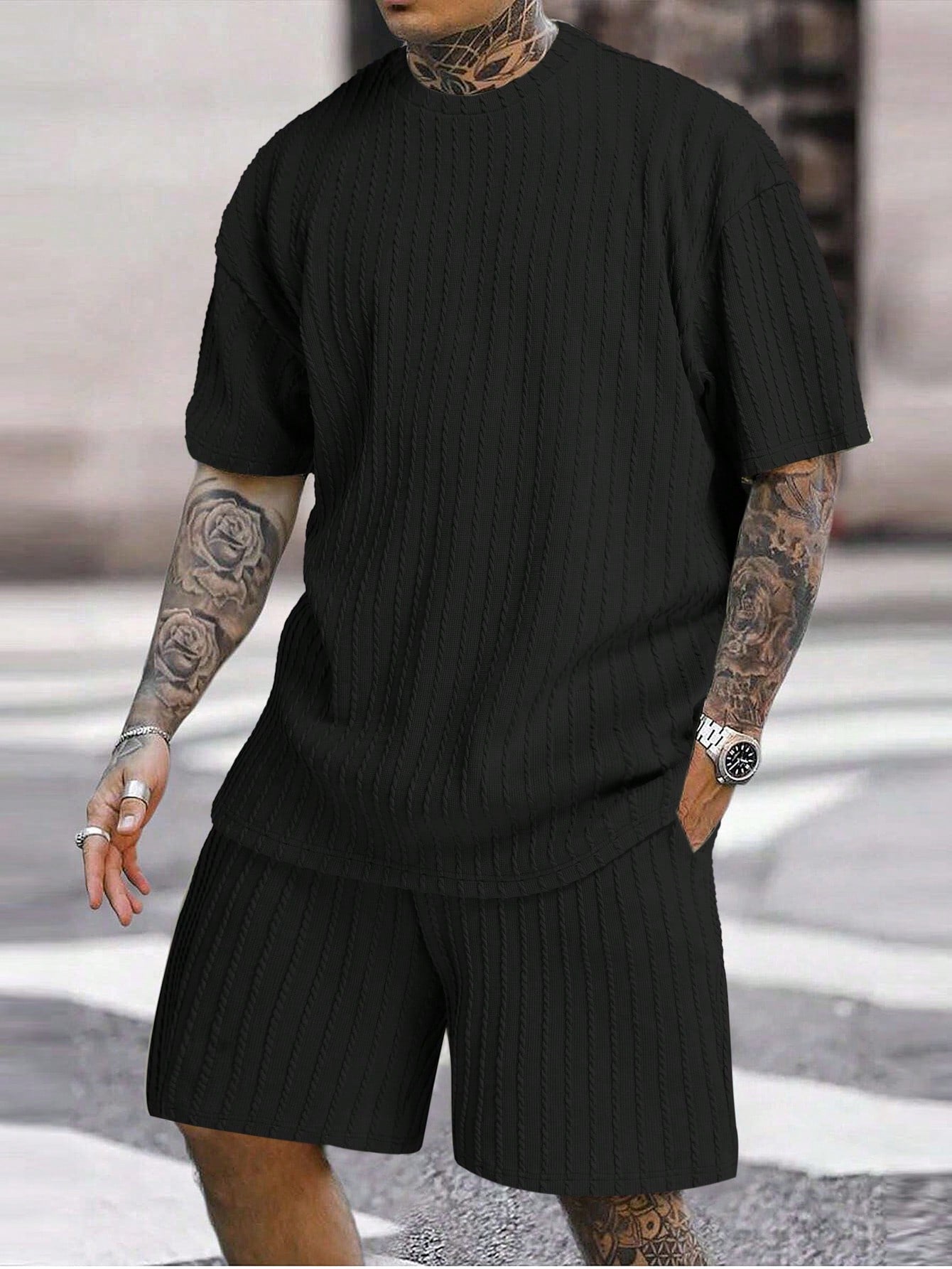 Conjunto Masculino Camiseta Manga Curta E Shorts Soltos Preto / PP Conjunto Masculino Camisa Manga Curta E Shorts