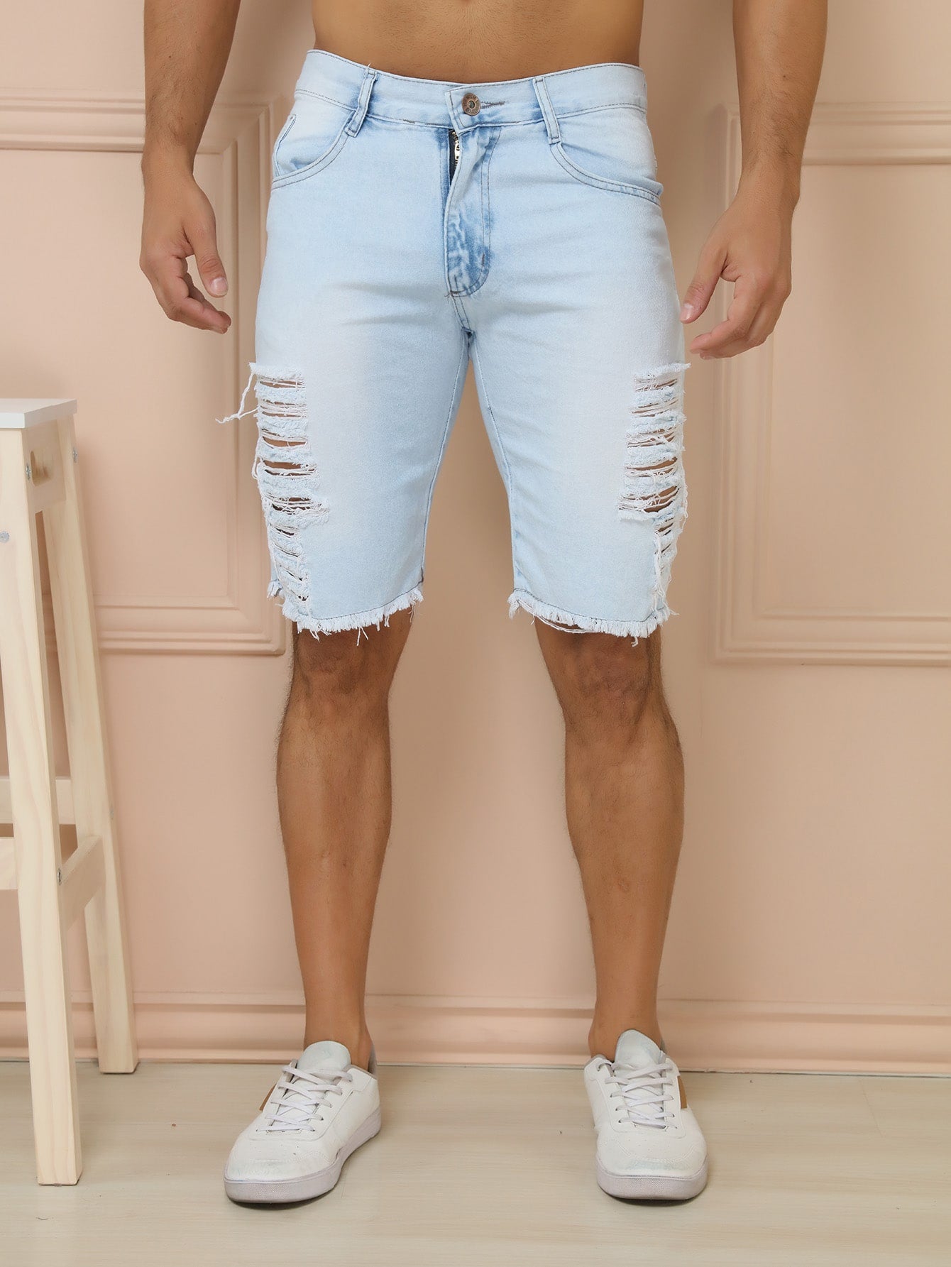 Shorts Masculino Casual Com Cós Reto E Bolsos Laterais Lavagem Clara / PP Shorts Masculino Casual Com Cós Reto E Bolsos