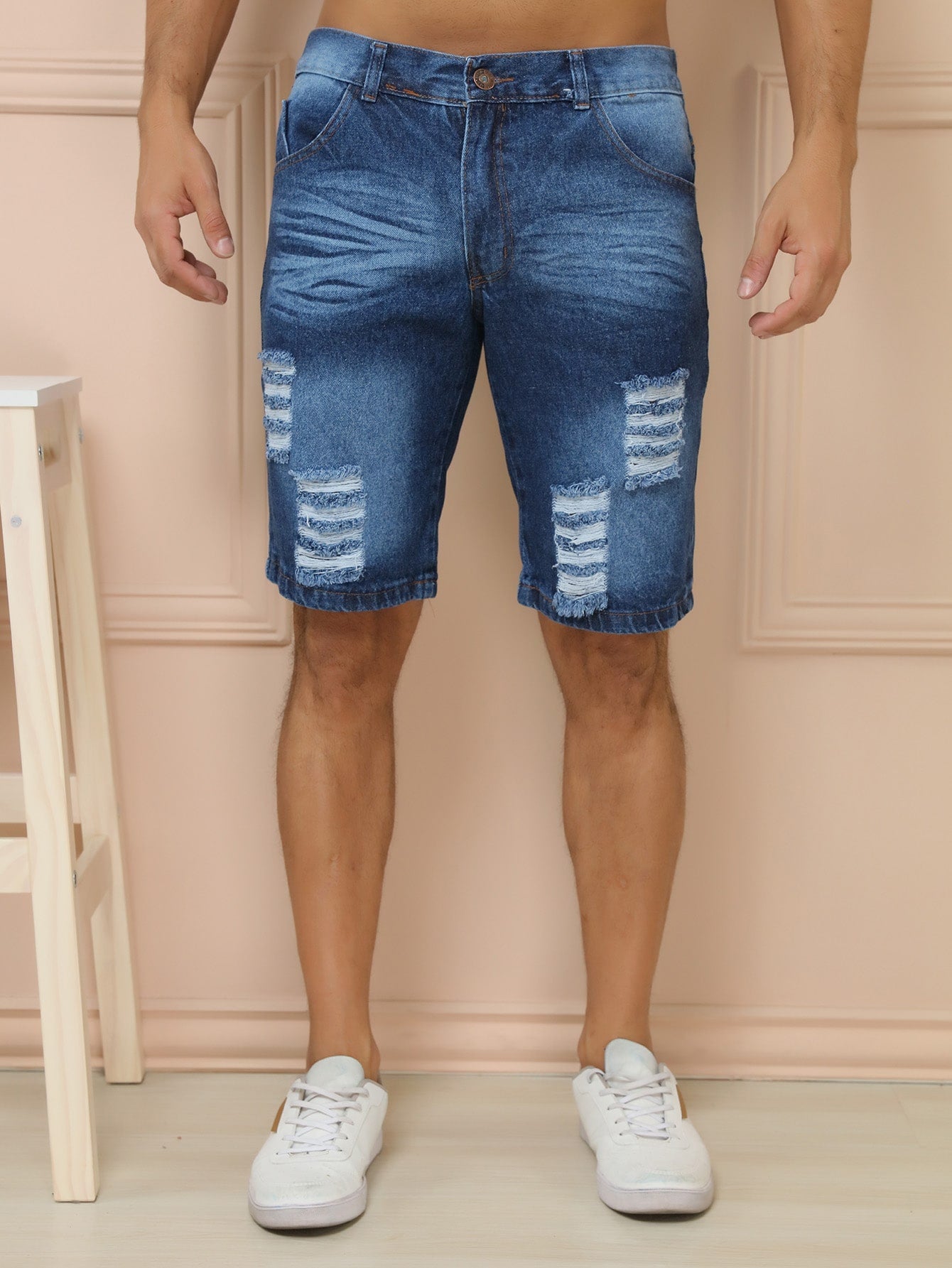 Shorts Masculino Casual Com Cós Reto E Bolsos Laterais Lavagem Escura / PP Shorts Masculino Casual Com Cós Reto E