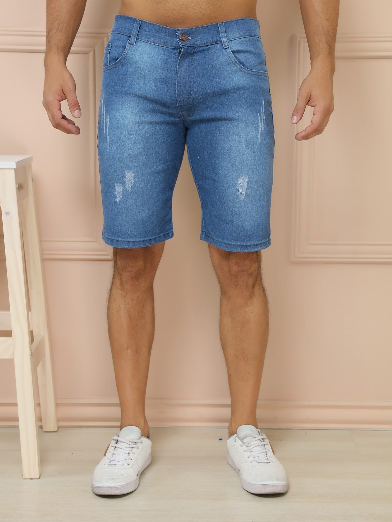 Shorts Masculino Casual Com Cós De Elástico E Barra Reta Lavagem Média / PP Shorts Masculino Casual Com Cós De Elástico