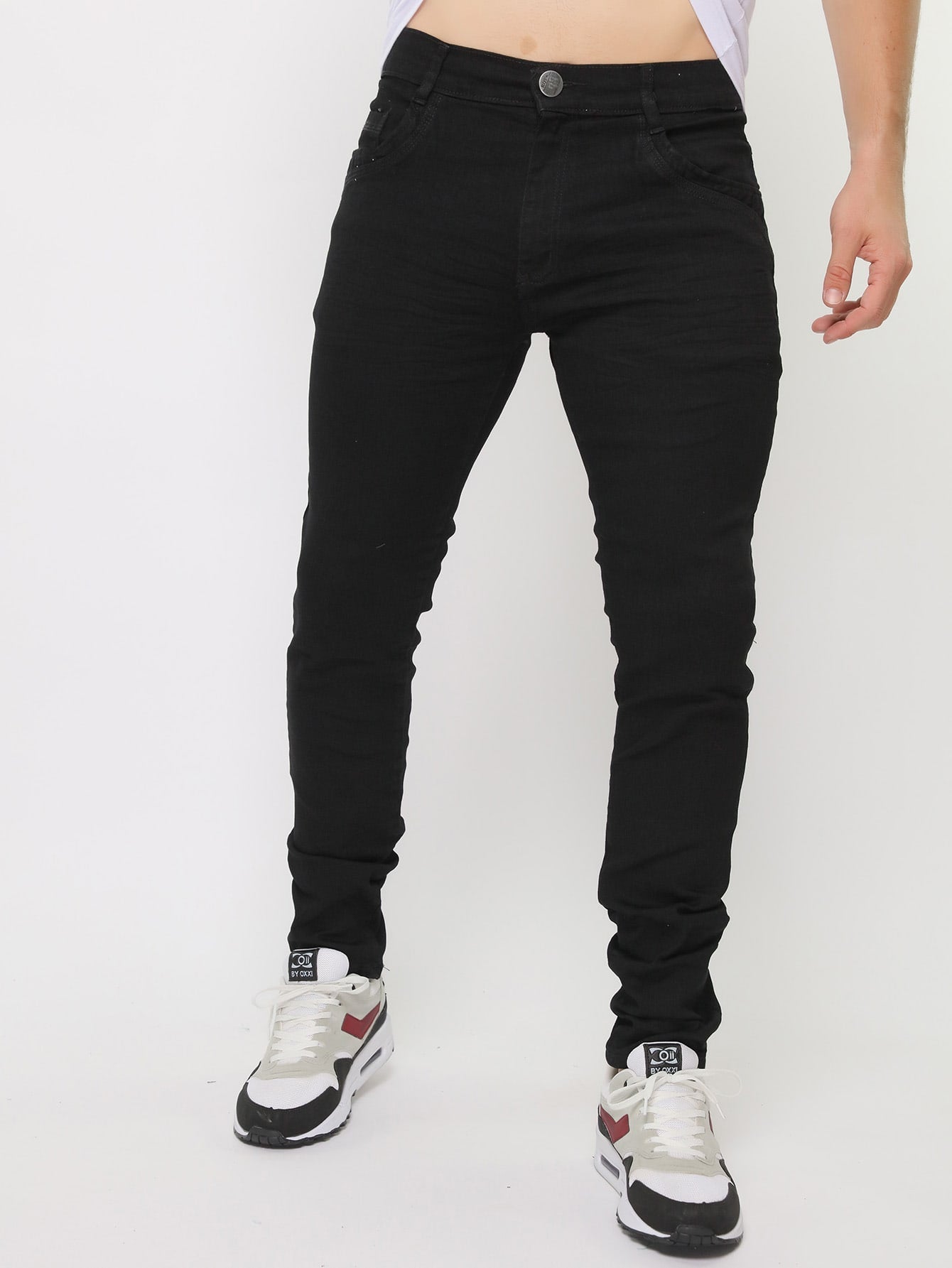 Calça Masculina Jeans Slim Fit Com Lavagem Desgastada E Estilo Preto / PP Calça Masculina Jeans Slim Fit Com Lavagem