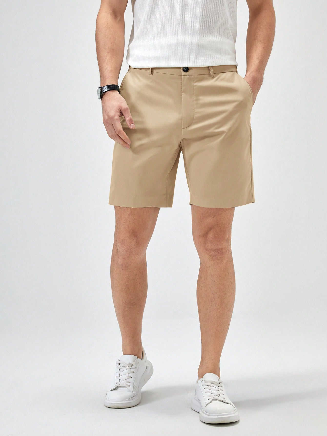 Shorts Masculino Casual Com Bolsos Diagonais E Cós Reto Caqui / PP Shorts Masculino Casual Com Bolsos Diagonais E Cós