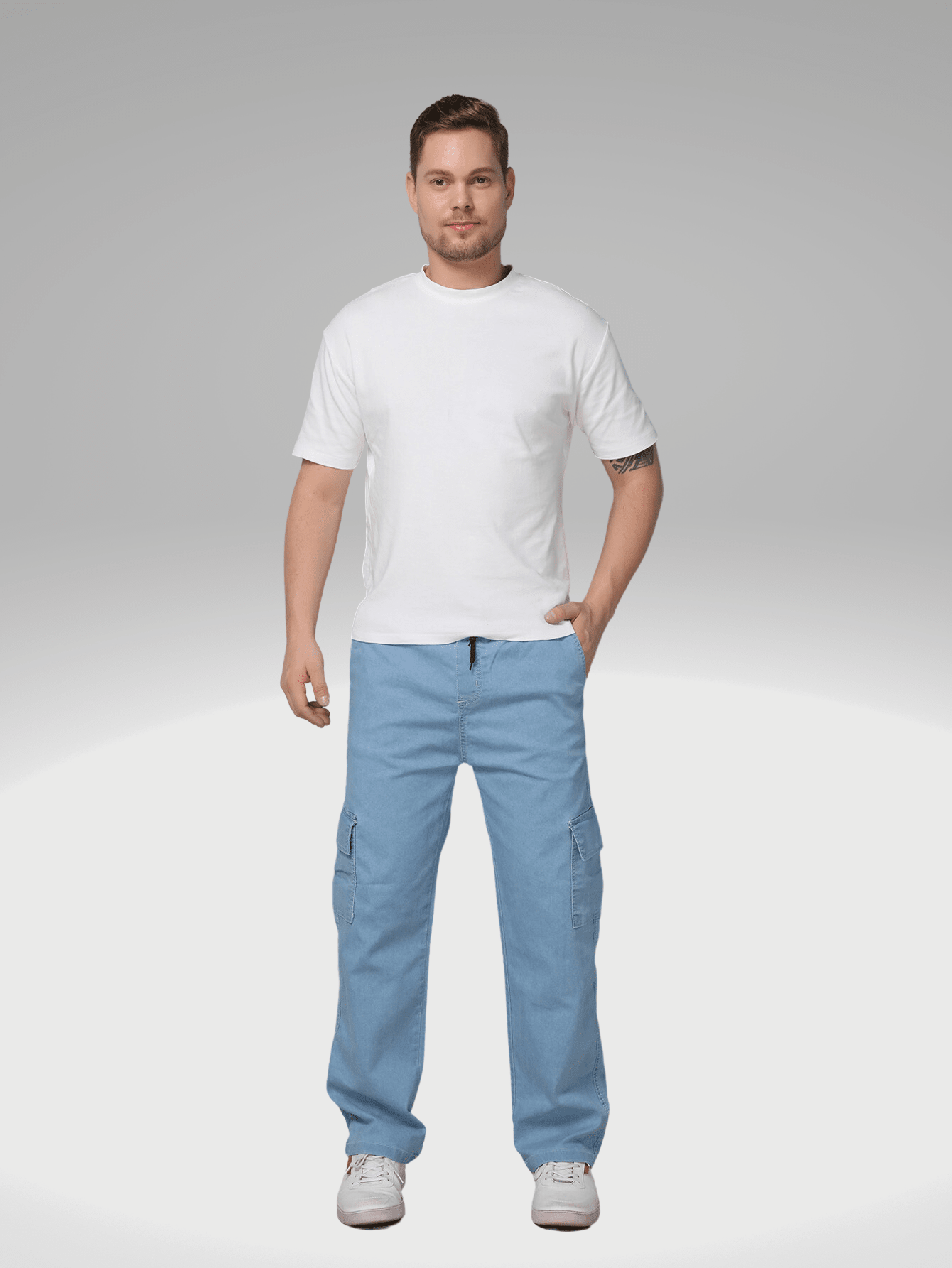 Calça Masculina Cargo Reta Em Jeans Com Cintura Ajustável Calça Masculina Cargo Reta Em Jeans Com Cintura Ajustável