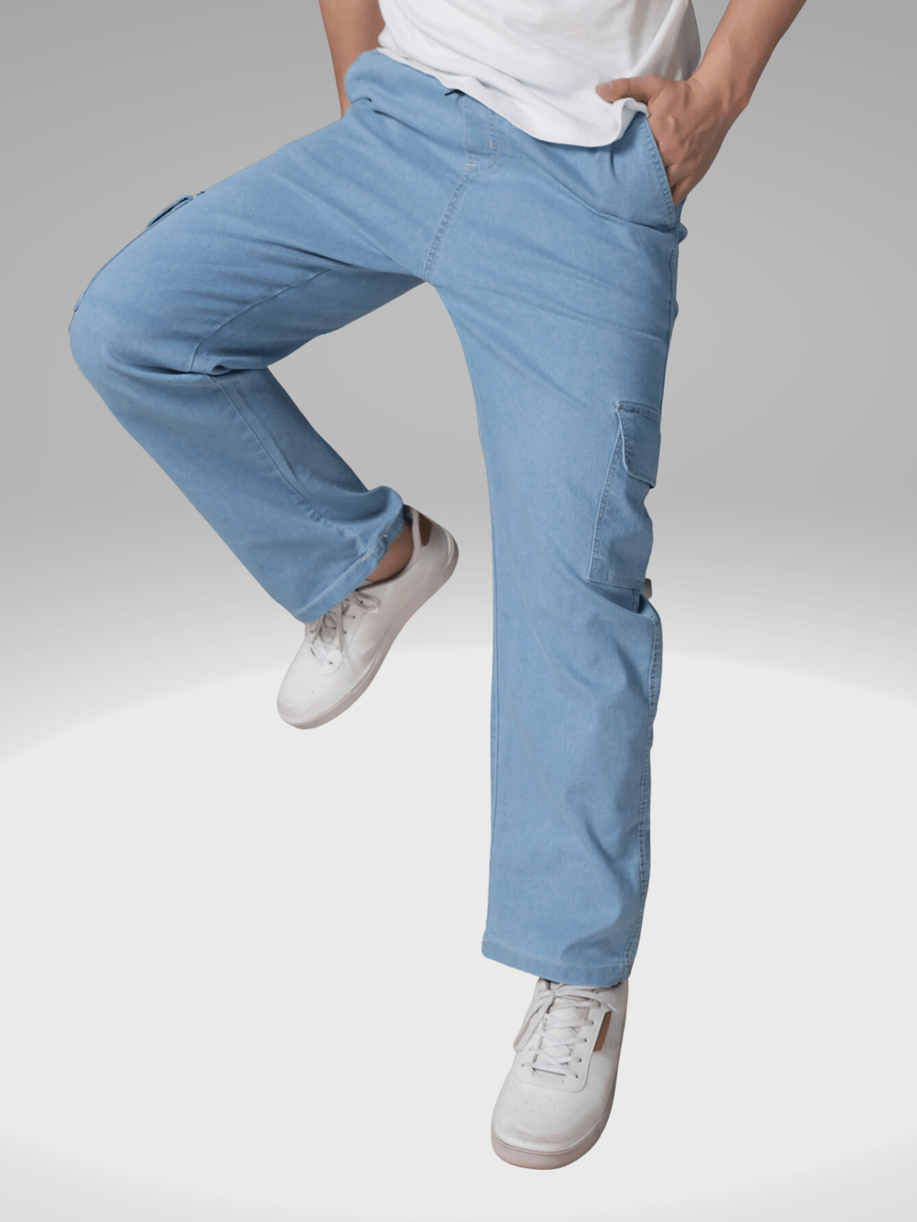 Calça Masculina Cargo Reta Em Jeans Com Cintura Ajustável Calça Masculina Cargo Reta Em Jeans Com Cintura Ajustável