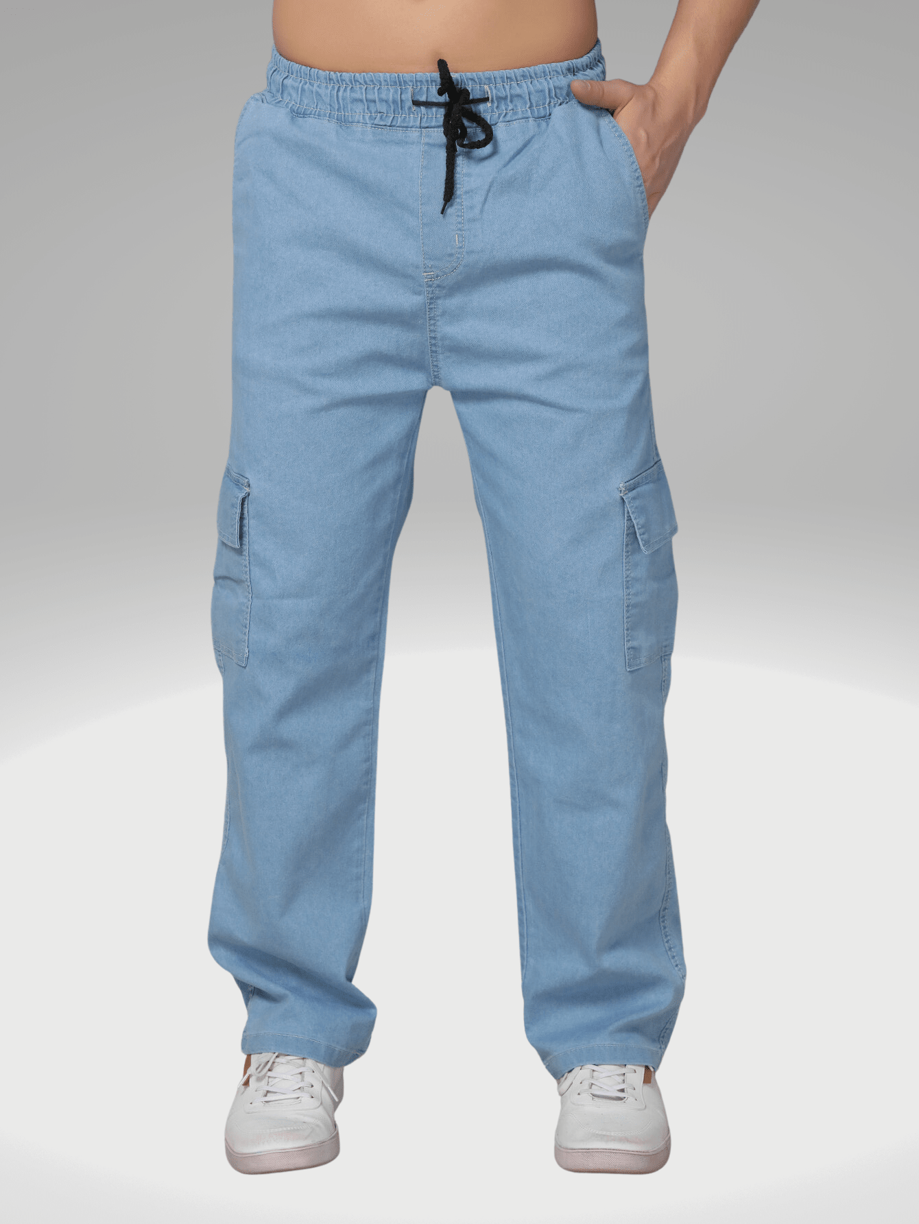 Calça Masculina Cargo Reta Em Jeans Com Cintura Ajustável Calça Masculina Cargo Reta Em Jeans Com Cintura Ajustável