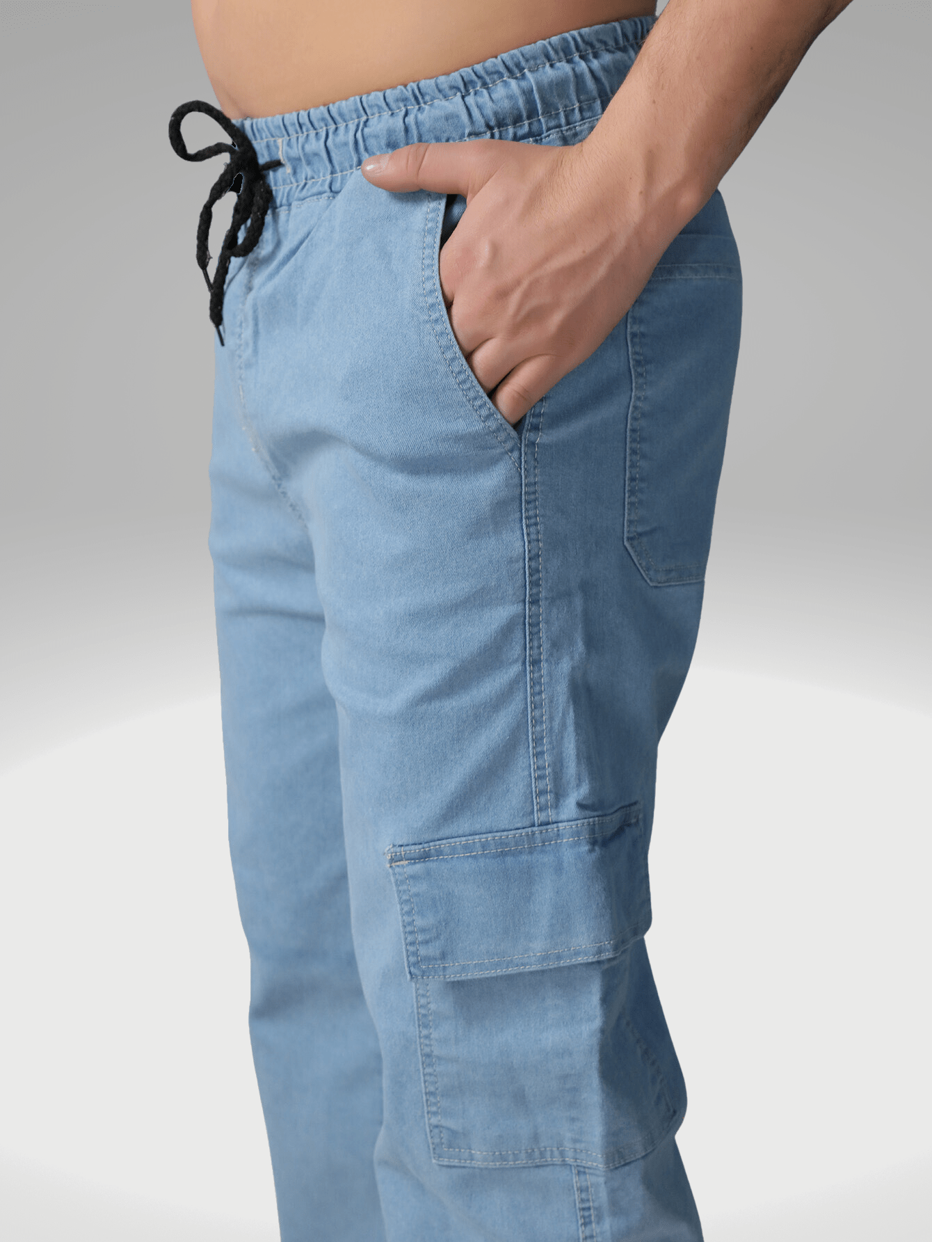 Calça Masculina Cargo Reta Em Jeans Com Cintura Ajustável Calça Masculina Cargo Reta Em Jeans Com Cintura Ajustável