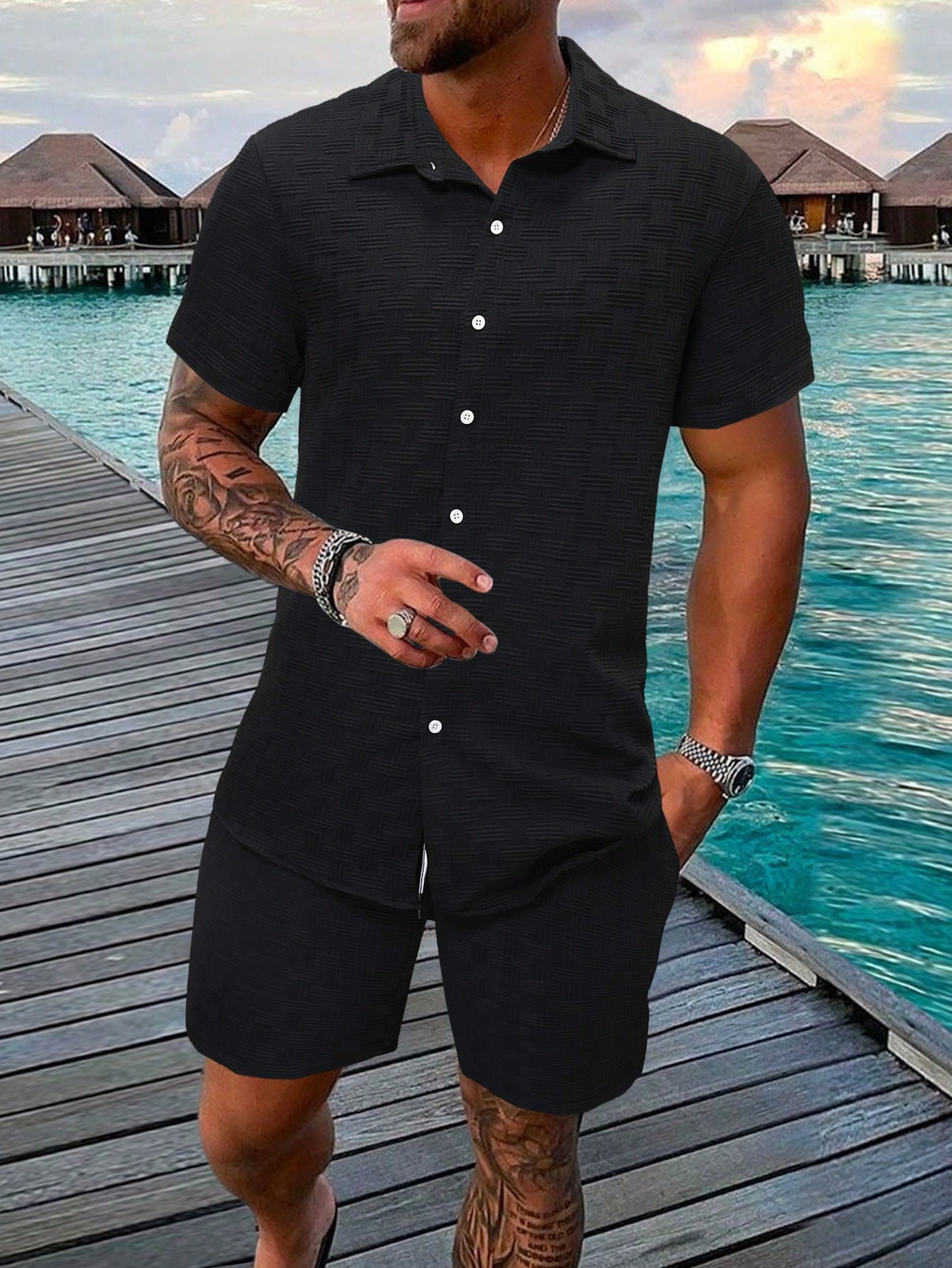 Conjunto Masculino Camisa Texturizada E Shorts Casuais Preto / PP Conjunto Masculino Camisa Texturizada E Shorts Casuais