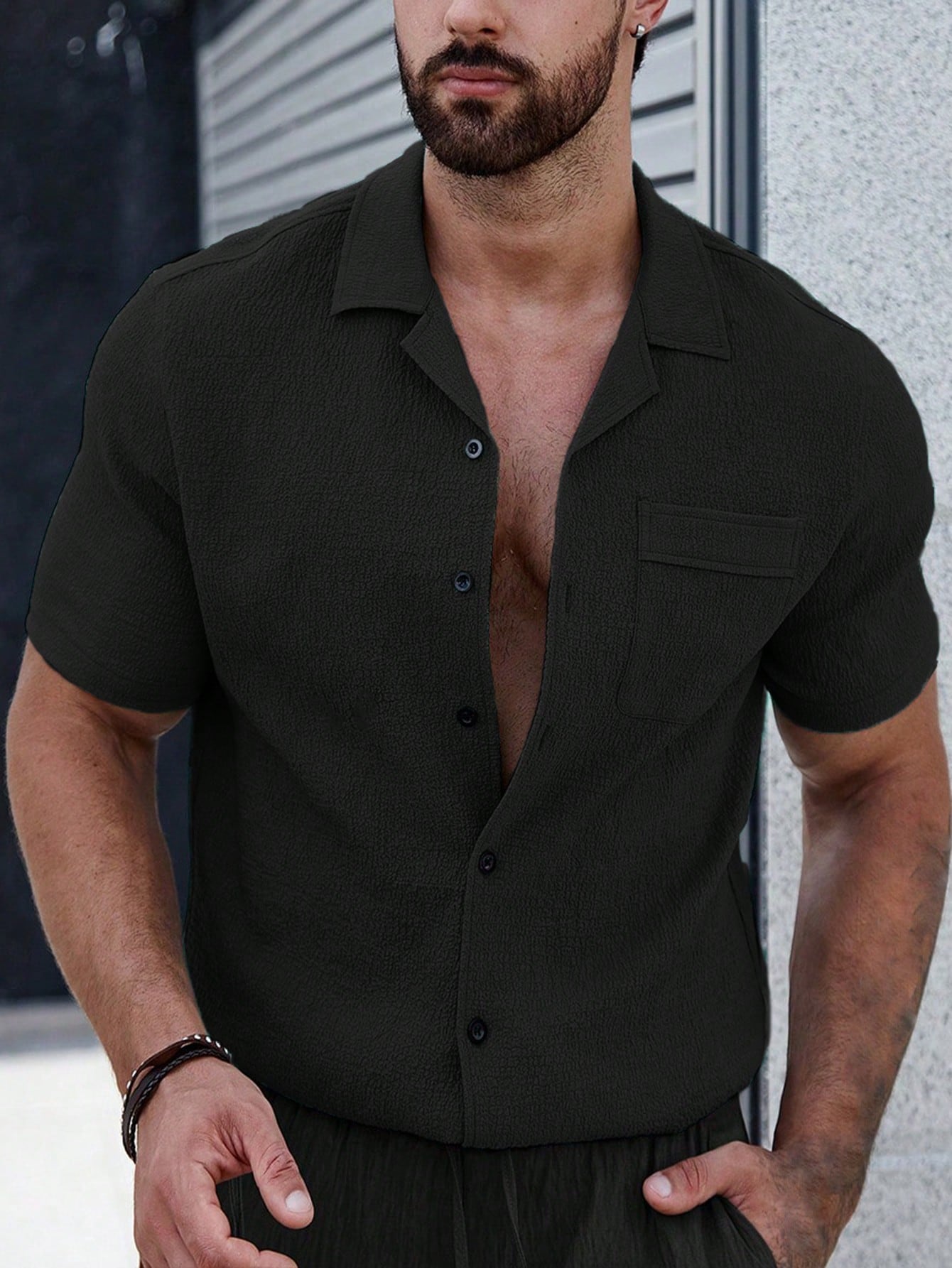 Camisa Masculina De Botão Slim Bolso Caimento Impecável Preto / PP Camisa Masculina De Botão Slim Bolso Caimento