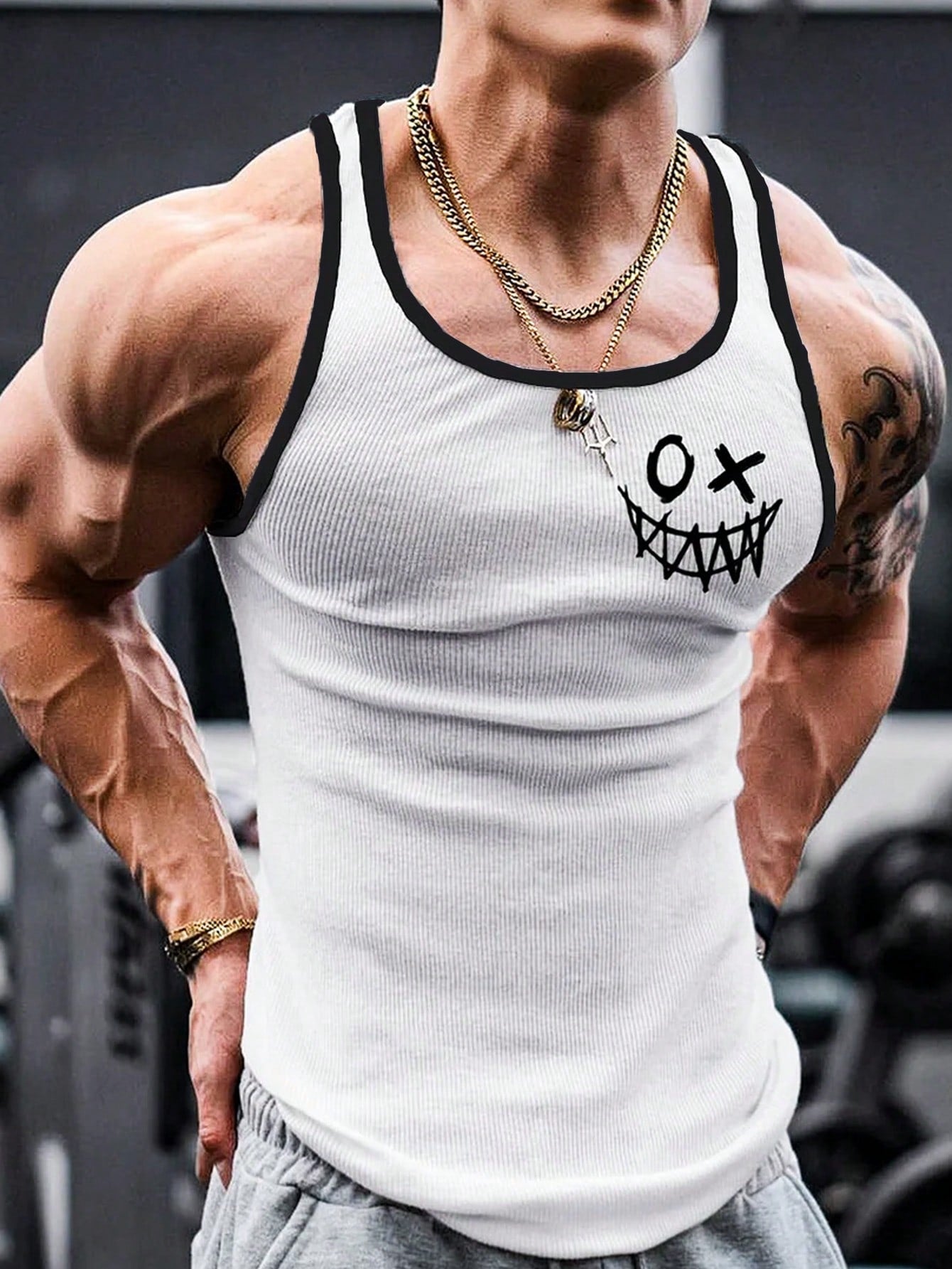 Camiseta Regata Masculina Estampa De Sorriso Gola Ajustada Branco / PP Camiseta Regata Masculina Estampa De Sorriso