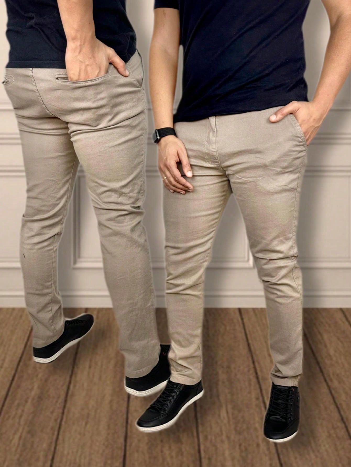 Calça Masculina Jeans Slim Fit Costura Contrastante E Lavagem Moderna Caqui / PP Calça Masculina Jeans Slim Fit Costura