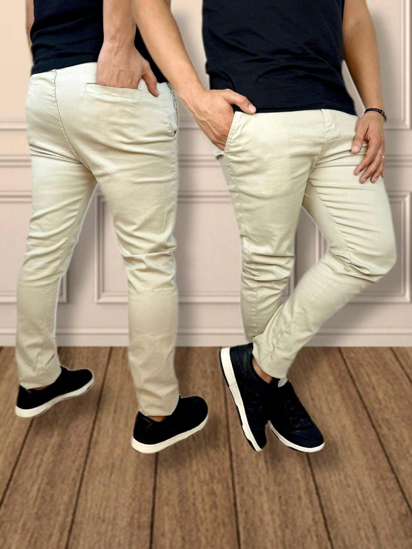 Calça Masculina Jeans Slim Fit Costura Contrastante E Lavagem Moderna Bege / PP Calça Masculina Jeans Slim Fit Costura