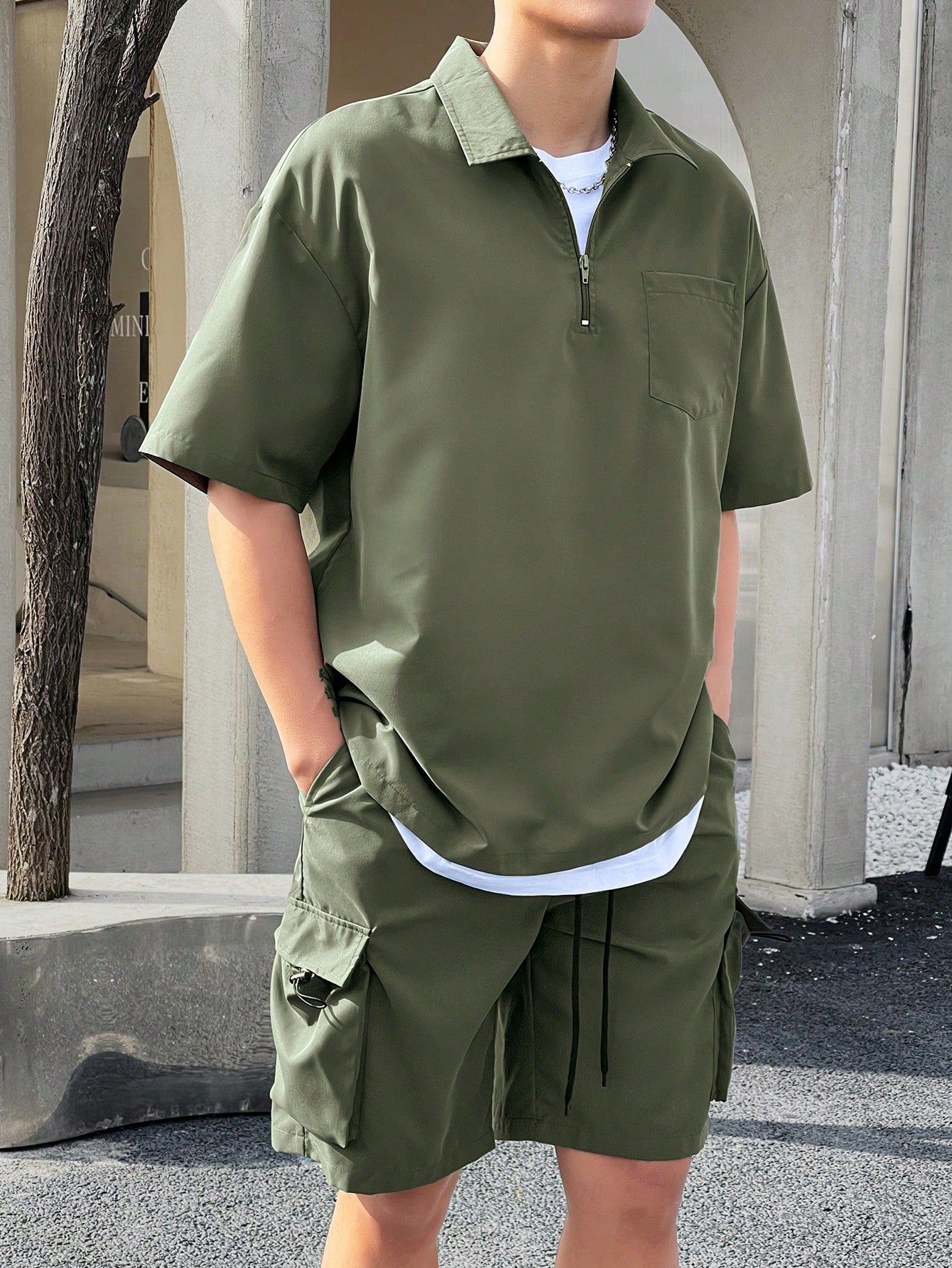 Conjunto Masculino Camisa Manga Curta E Bermuda Tecido De Linho Verde Militar / PP Conjunto Masculino Camisa Manga